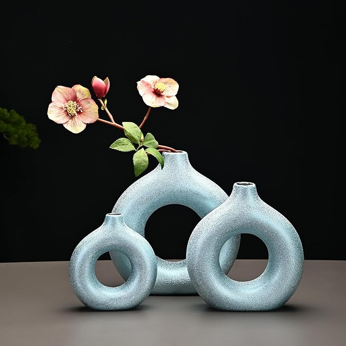 Set of 2 Donut Hollow Ceramic Vase Handmade Minimalist Boho ins Style, Modern Vase for Home Decor for Wedding Dinner Table Party Living Room Office Bedroom (Blue-Gold, Extra Large + Large)