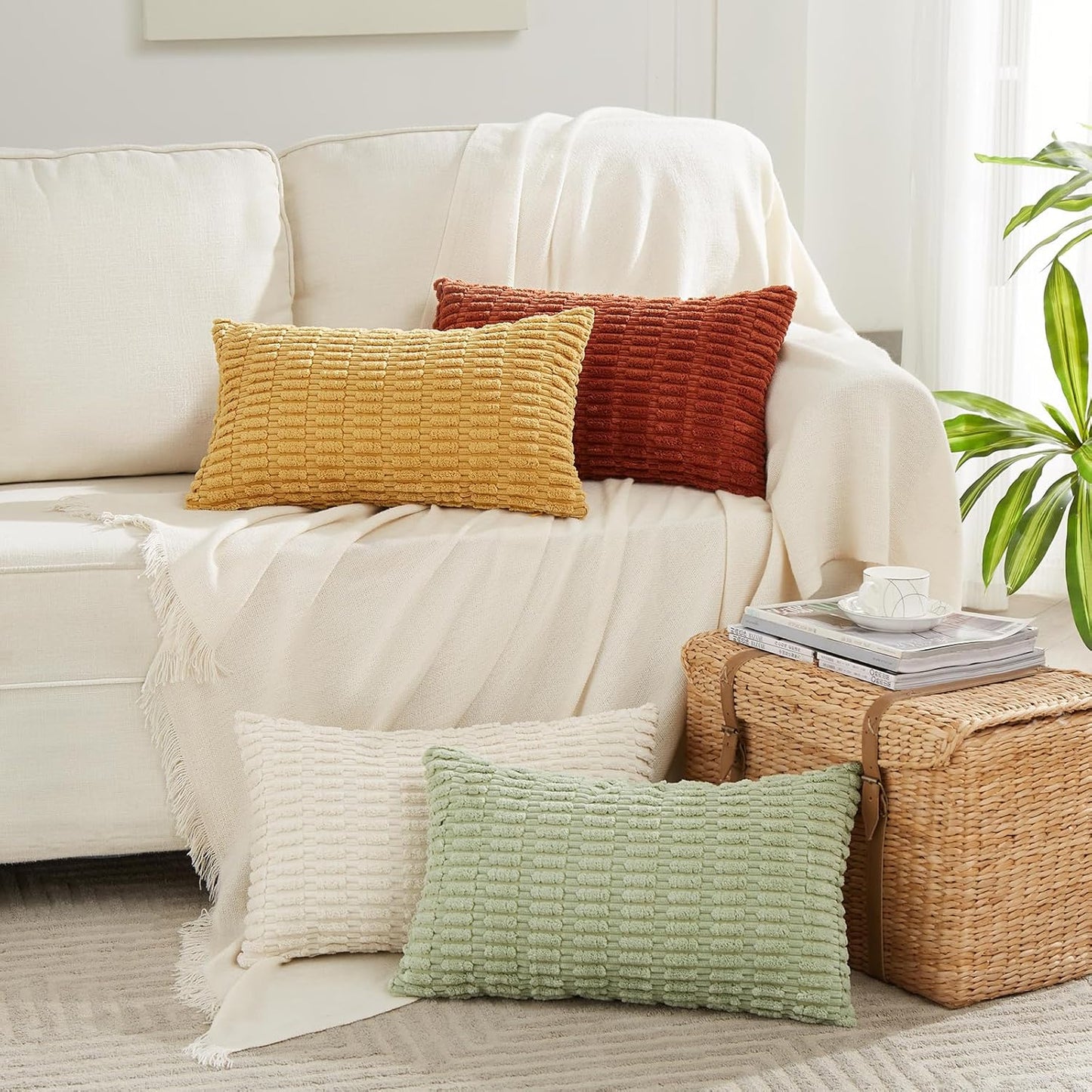 Fancy Homi 4 Packs Sage Green Decorative Throw Pillow Covers 16x24 Inch for Living Room Couch Bed Sofa, Rustic Farmhouse Boho Home Decor Soft Plush Striped Corduroy Square Cushion Case 40x60 cm