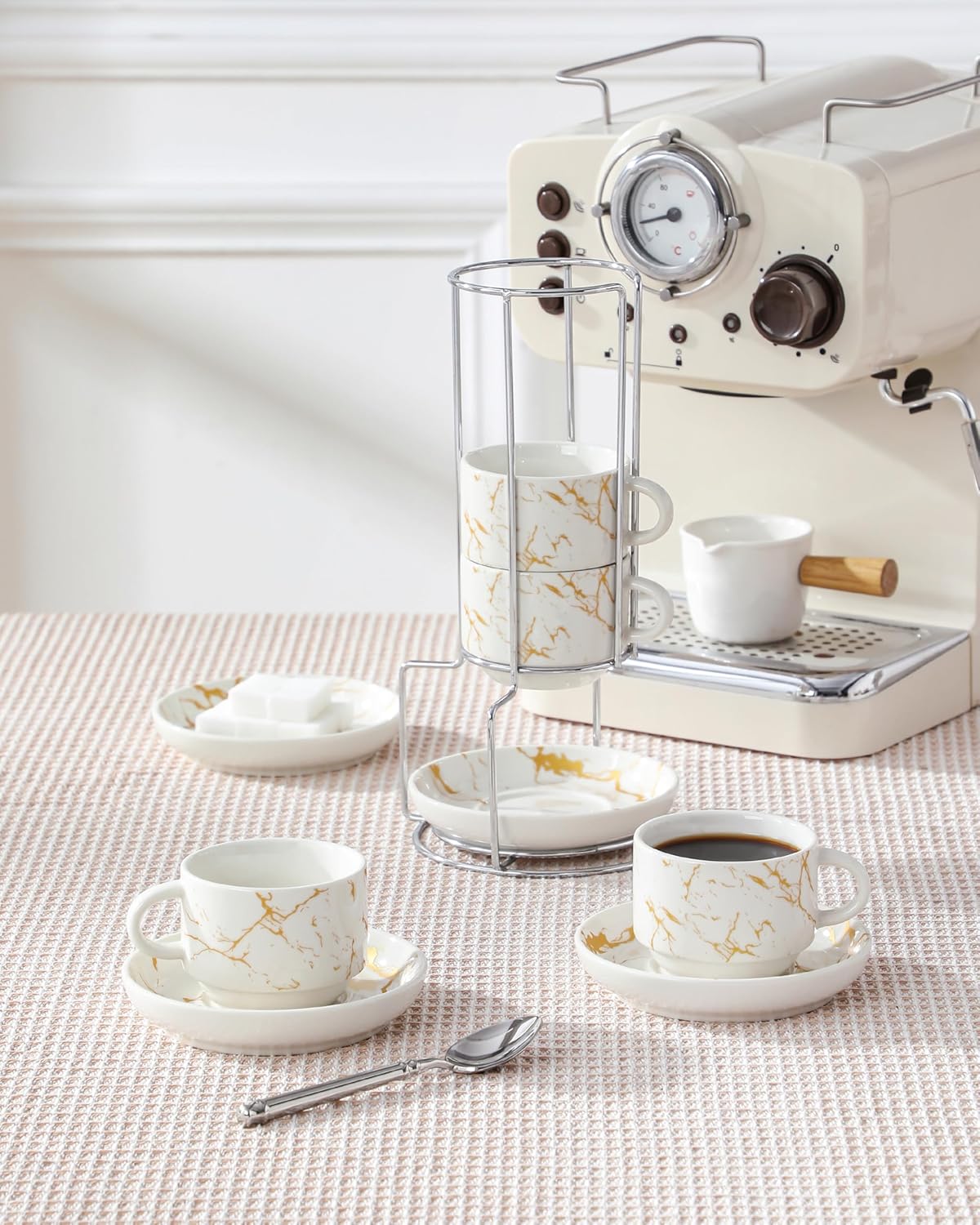 MALACASA 4 OZ Porcelain Espresso Cups with Saucers and Metal Stand Set of 4, Stackable Cappuccino Cups, Marble White Expresso Shots Cup Set for Coffee Drinks, Latte, Tea