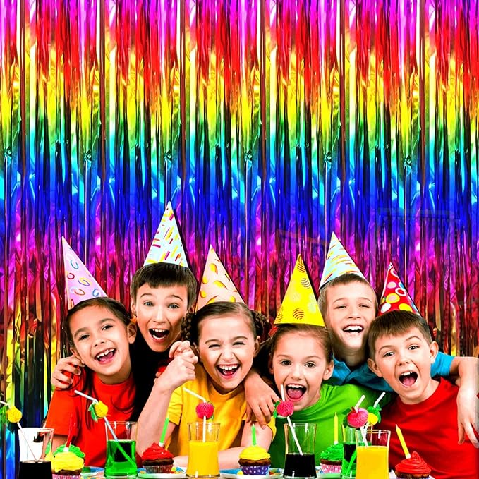 4 Pack Rrainbow Foil Fringe Curtain Backdrop, 3.28Ft x 9.84Ft Colorful Metallic Tinsel Streamers Curtains for Party, Photo Booth Props, Birthday, 2022 Graduation Supplies, One Size
