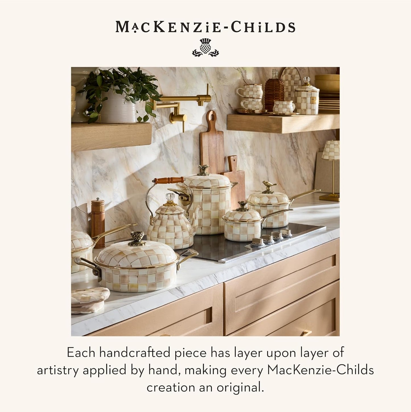 MACKENZIE-CHILDS Enamel Teacup, Unique Coffee and Tea Mug, Enamel Cup for Hot Tea, 10 Ounces, Brown-and-White Mocha Check