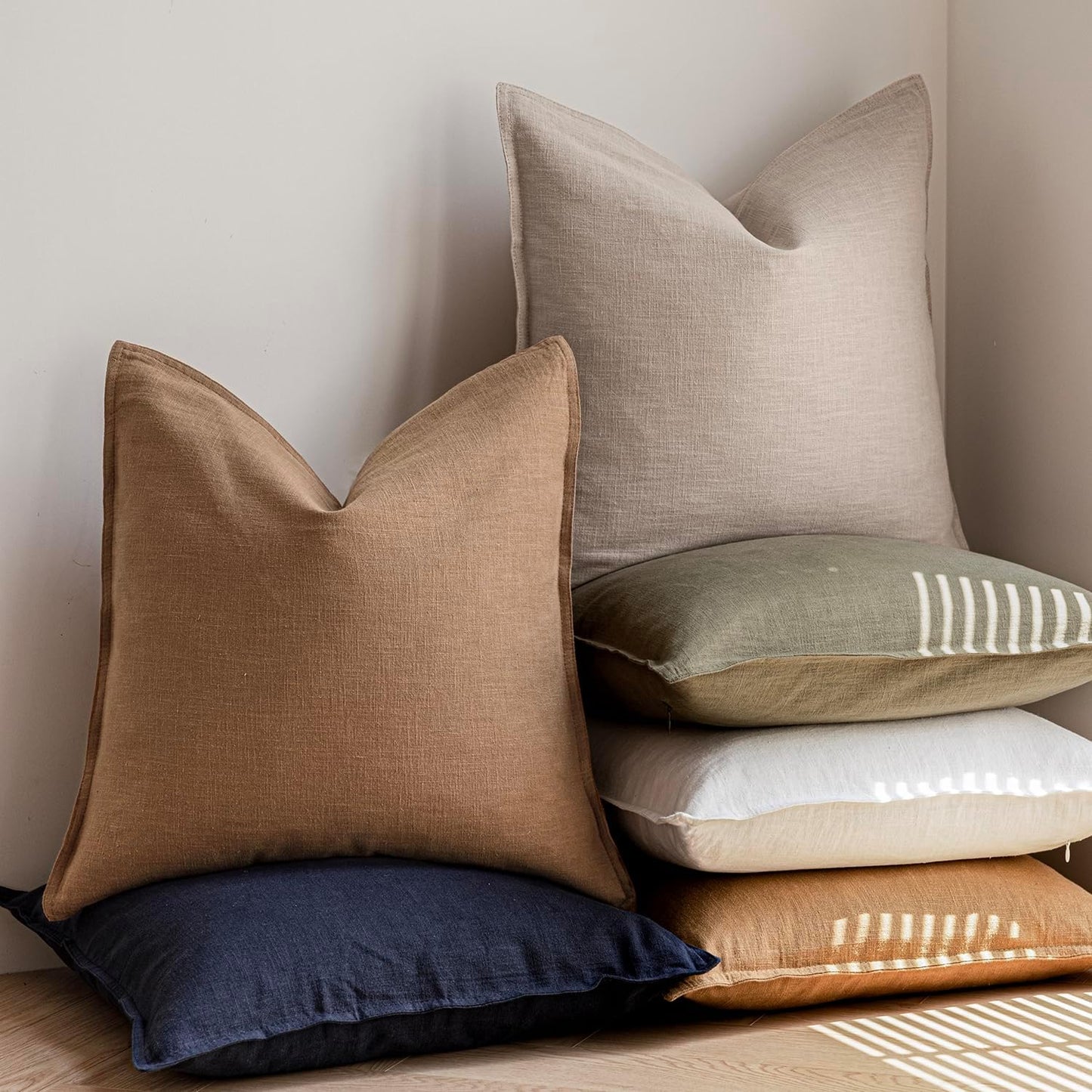 Foindtower Pack of 2, Decorative Linen Soild Throw Pillow Covers Soft Accent Cushion Case Boho Farmhouse Pillowcase for Chair Couch Sofa Bedroom Living Room Home Decor 24 x 24 Inch Light Khaki Brown