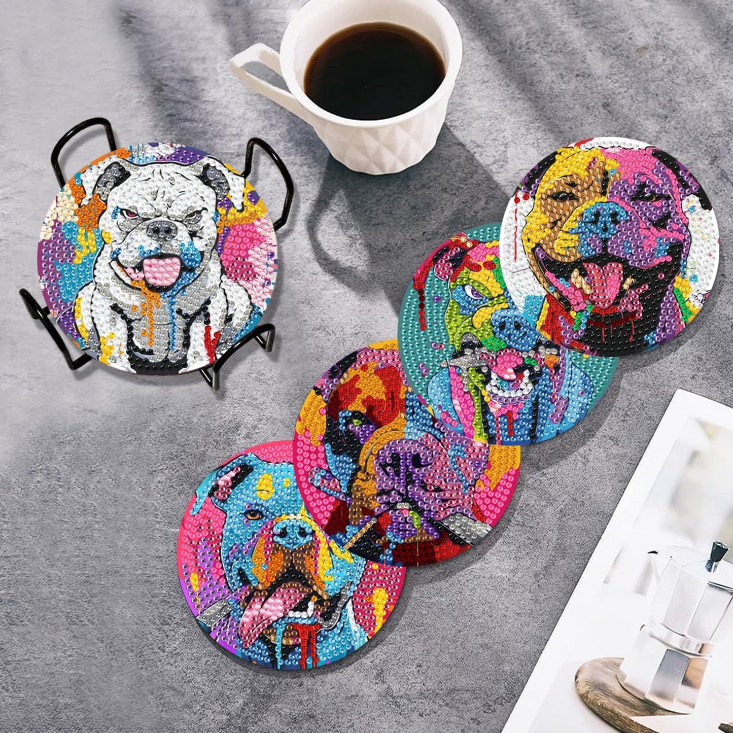 Leatrice 8PCS Dog Diamond Art Coasters Small Diamond Painting Kits for Adults Beginners Women, Gem Art Coasters with Holder, Funny Arts Supplies for Home Decor