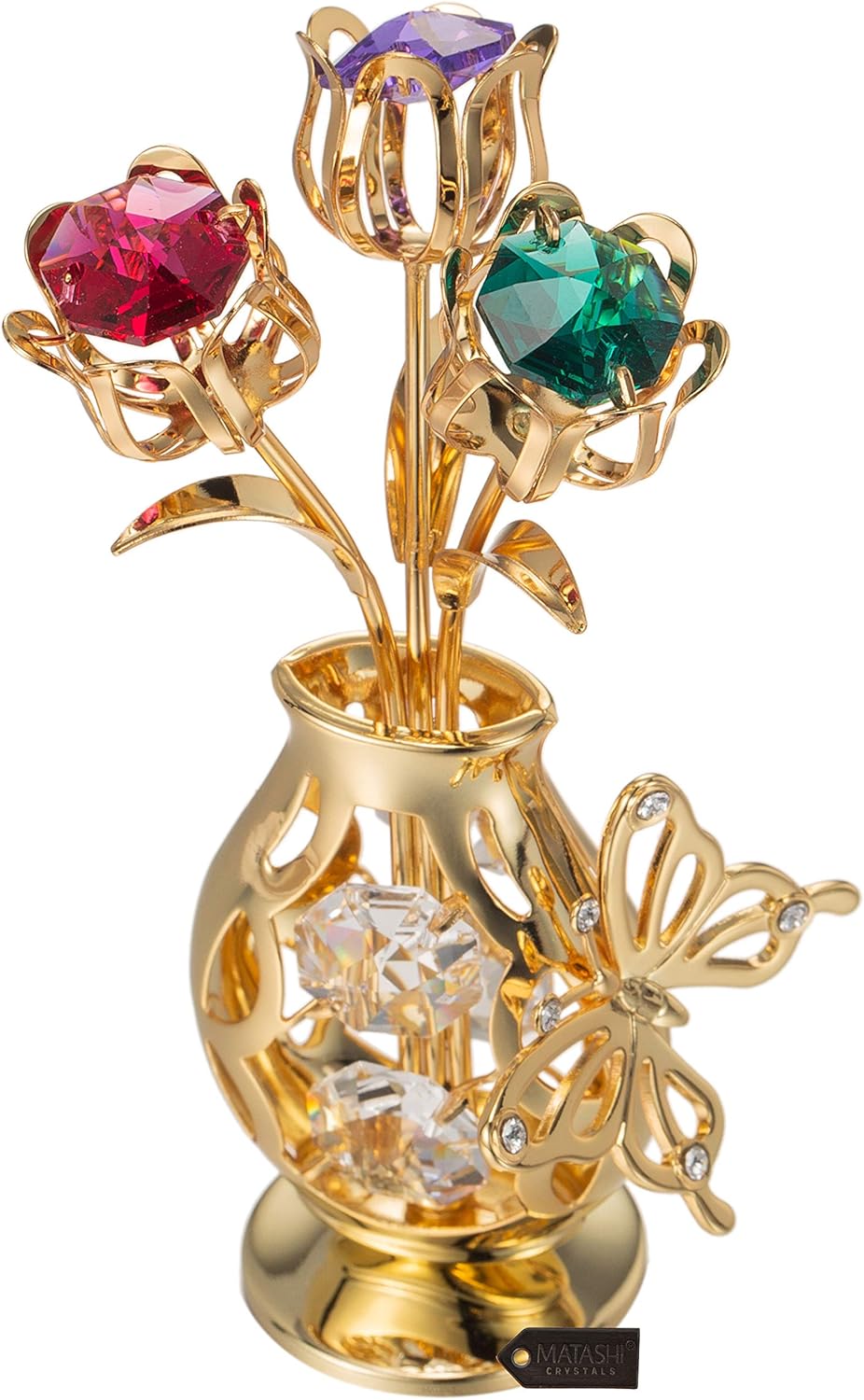 for Mom - Matashi 24k Gold Plated Flower Bouquet & Vase with Colorful Crystal Butterfly Figurine, Elegant Home Decorations - Unique Tabletop Ornaments, Ideal Gift for Mother's Day