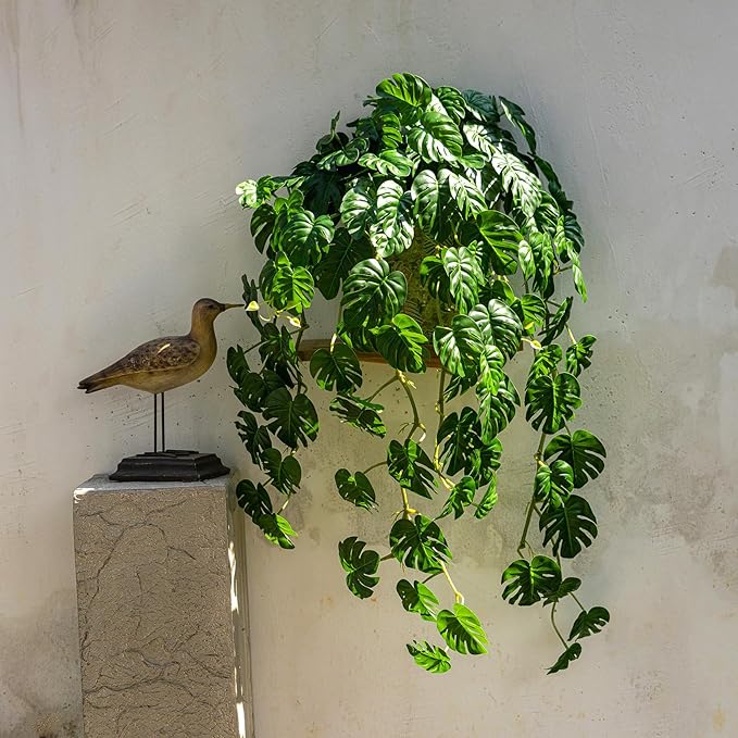 2 PCS Artificial Hanging Plants, Fake Hanging Monstera Leaves Ivy Vine Faux Greenery Tropical Palm Leaves Outdoor Hanging Plants Leaf Plant for Garden Home Decor