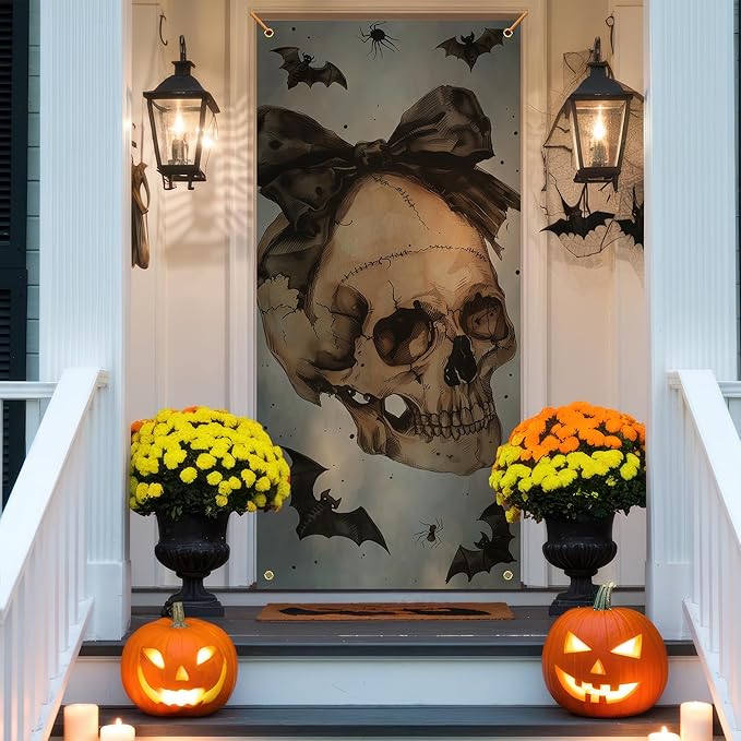 Vintage Halloween Skull Door Cover, Coquette Bow Skeleton Bats Decoration Doorway Door Curtains Banners Backdrop Background Decor for Halloween Party, Indoor Outdoor Decorations, 35 * 79 Inch