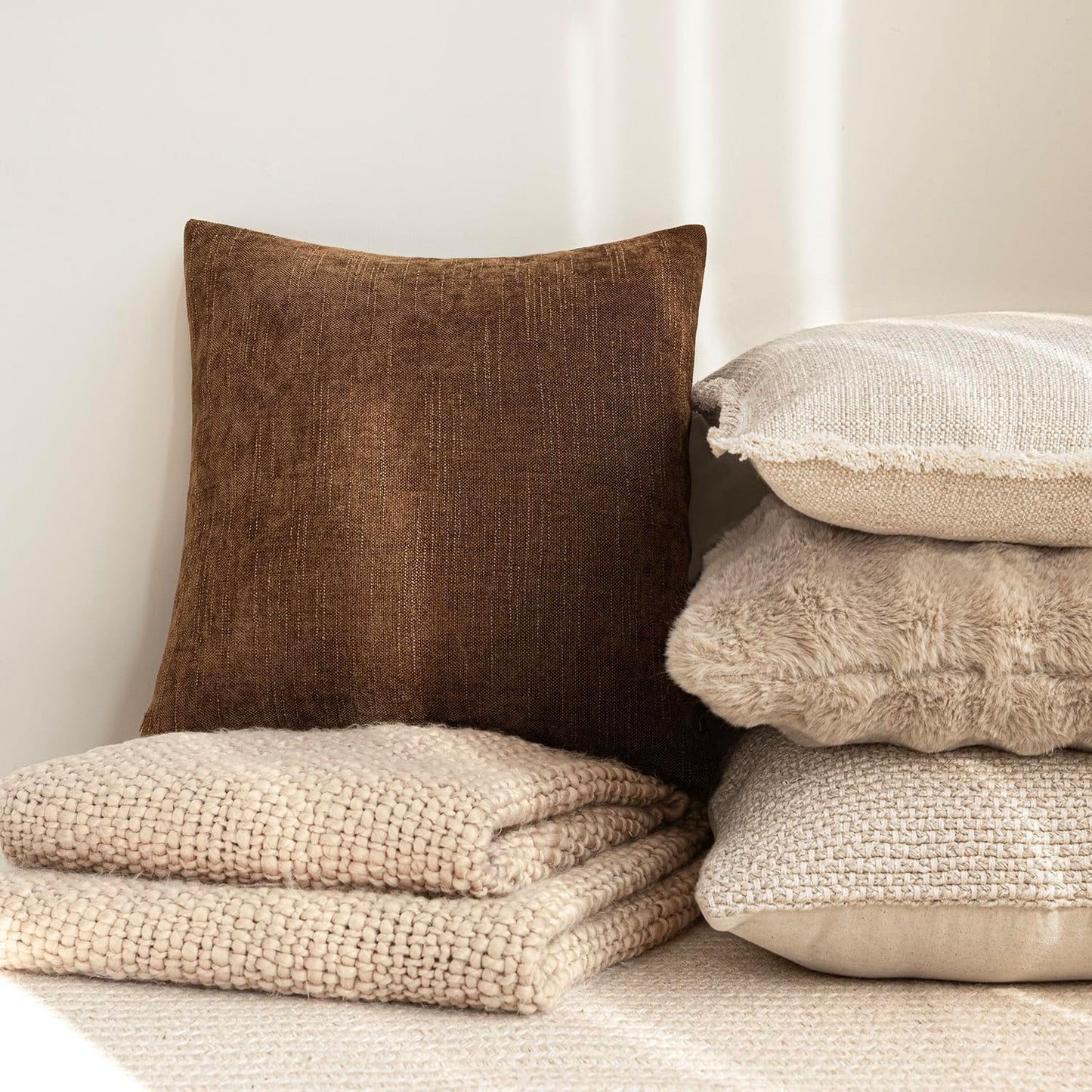 Foindtower Set of 2 Textured Chenille Throw Decorative Pillow Covers Square Accent Solid Cushion Cover Neutral Farmhouse Lumbar Pillow Case for Couch Sofa Bedroom Living Room 12x20 Inch,Dark Bronze