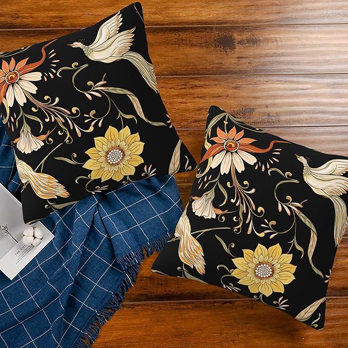 Vintage Flowers and Birds Pillow Covers 18x18 Inch Set of 2 Soft Decorative Throw Pillow Case for Living Room Bedroom Sofa Couch Cushion Covers