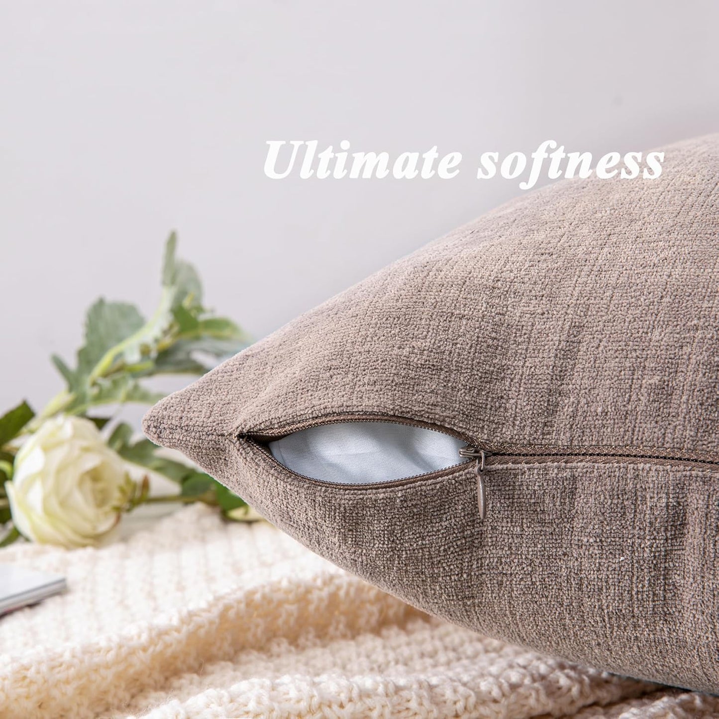 GAWAMAY Decorative Square Throw Pillow Covers 18"x18" Inch Set of 4, Super Soft Chenille Pillows Cover Fall Pillowcase for Living Room Bedroom Sofa Couch Cushion Cover Taupe Grey 45x45cm