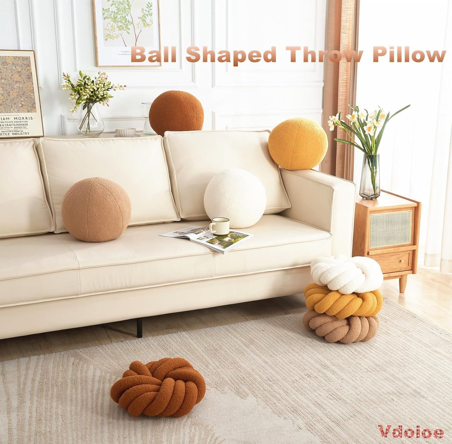 Khaki Knot Pillow 13.7'' Round Throw Pillow Soft Plush Knot Ball Pillow Handmade Knotted Pillow Modern Home Decorative Knotted Pillow Cushion for Bed Bedroom, Sofa, Couch