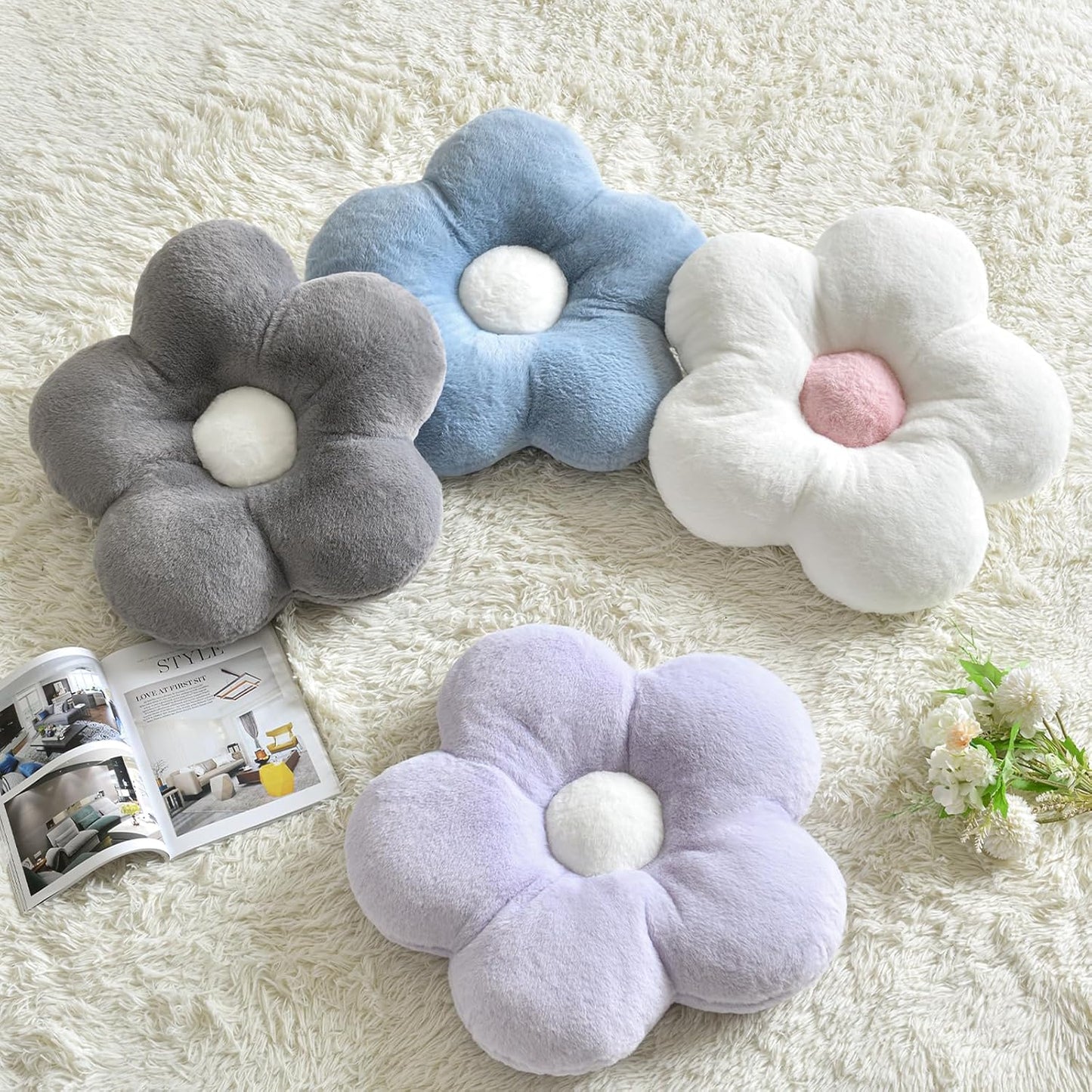 Flower Pillows, Soft Flower Shaped Pillow with Home Decorative for Couch Chair Bed,Flower Floor Throw Pillows for Adults Bedroom Living Room (Grey, 15 Inches)