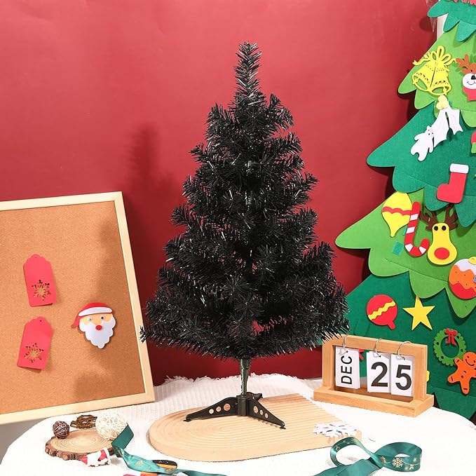 2FT Artificial Christmas Tree Black Tabletop Christmas Tree with Plastic Stand Mini Xmas Pine Tree for Party Supplies Indoor Outdoor Holiday Home Decoration(Black)