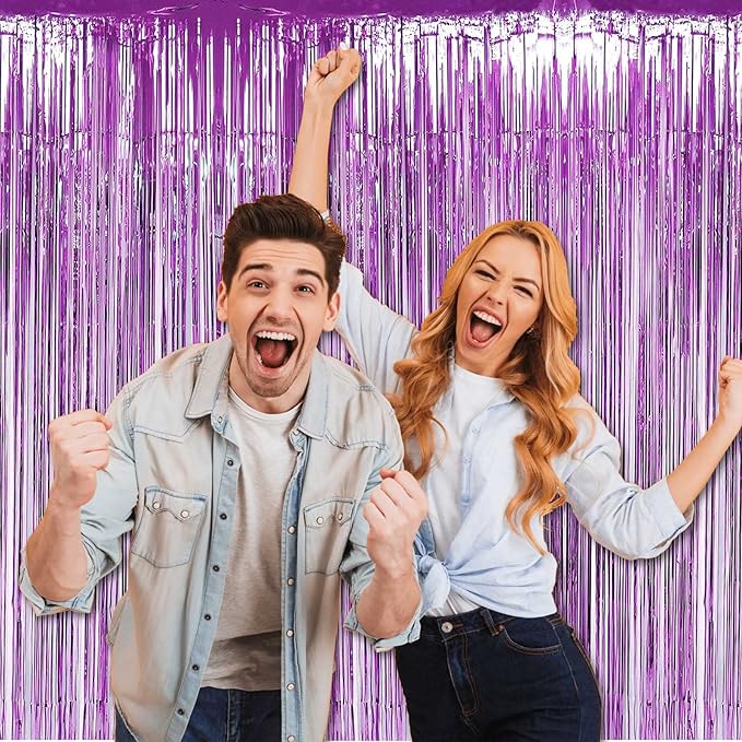 4 Pack Light Purple Foil Fringe Curtain Backdrop, 3.28Ft x 9.84Ft Metallic Tinsel Streamers Curtains for Party, Photo Booth Props, Birthday, 2022 Graduation Decoration Supplies