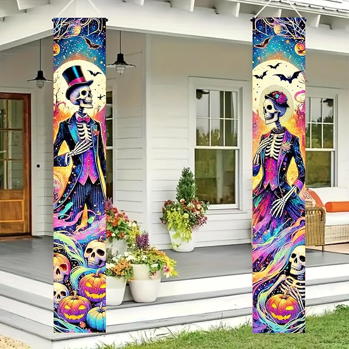 Skeleton Gentleman Lady Door Banner 12x71 Inch Halloween Holiday Porch Hanging Indoor Outdoor Front Door Vertical Decoration Purple Black Neon Pumpkin Bat Gothic Party Celebration Decor