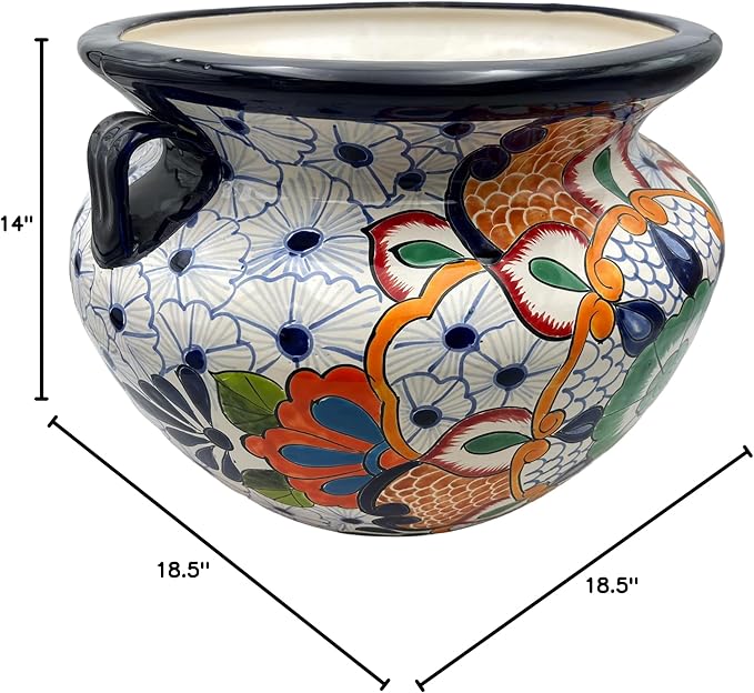 Talavera Michoacana Planter XL Pot Folk Art Multicolor Mexican Pottery Home Decor Hand Painted Garden Indoor Handmade Outdoor 18.5" (Multicolor)