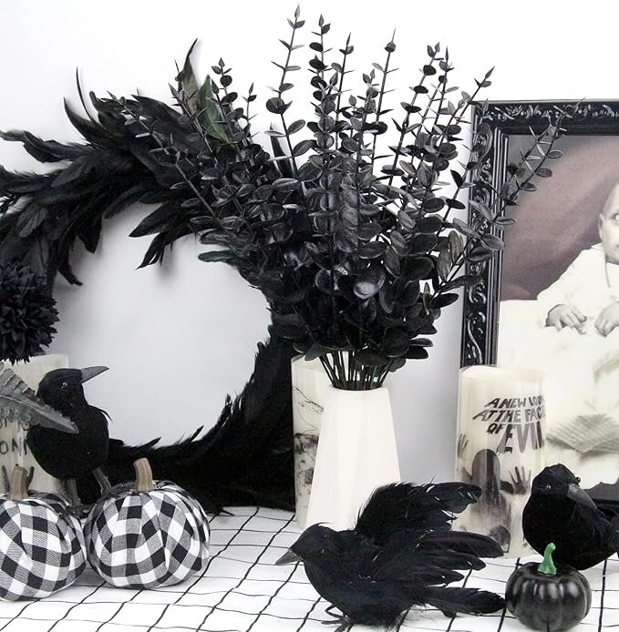 Tinsow 26 Pcs Black Artificial Eucalyptus Stems Faux Halloween Flowers Eucalyptuses Real Touch Leaf Centerpiece Home Decor (26, Black)