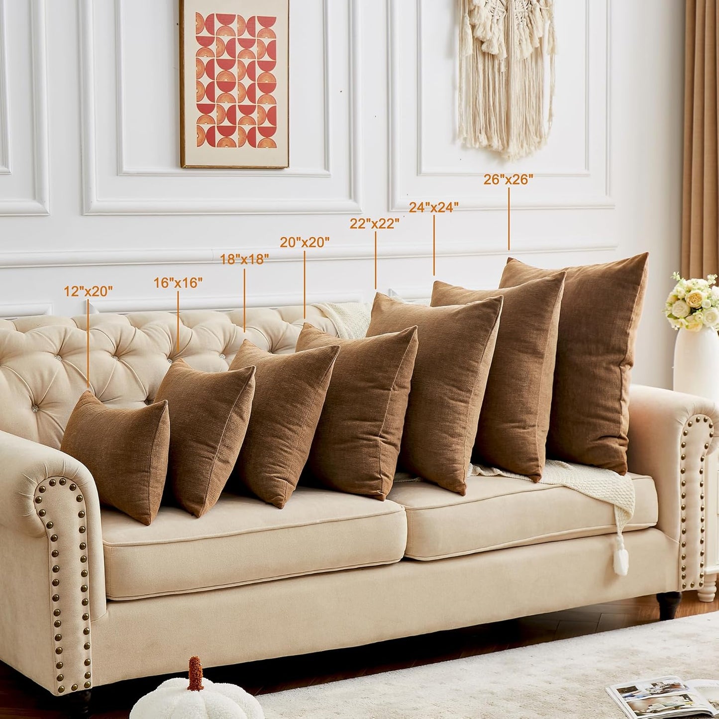 GAWAMAY Decorative Square 16x16 Inch Throw Pillow Covers Set of 2, Super Soft Chenille Pillows Farmhouse Fall Pillowcase for Living Room Bedroom Sofa Couch Cushion Cover Brown 40x40cm (No Inserts)