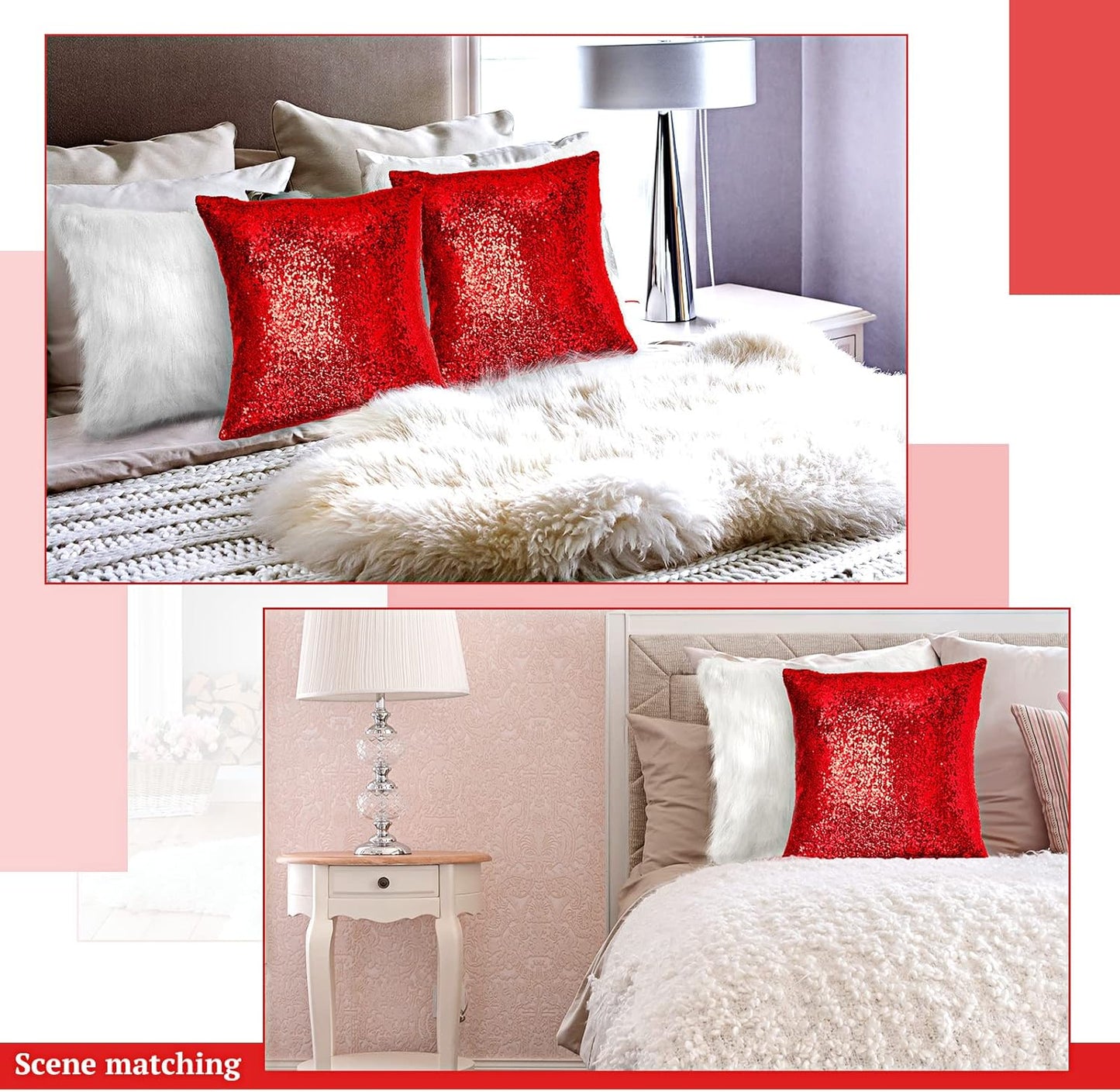 Irenare 4 Pcs Sequin and Fluffy Pillow Covers Winter Throw Pillow Cases Soft Cushion Cover for Couch Bed Sofa Xmas Day(18 x 18 Inch,Red, White)