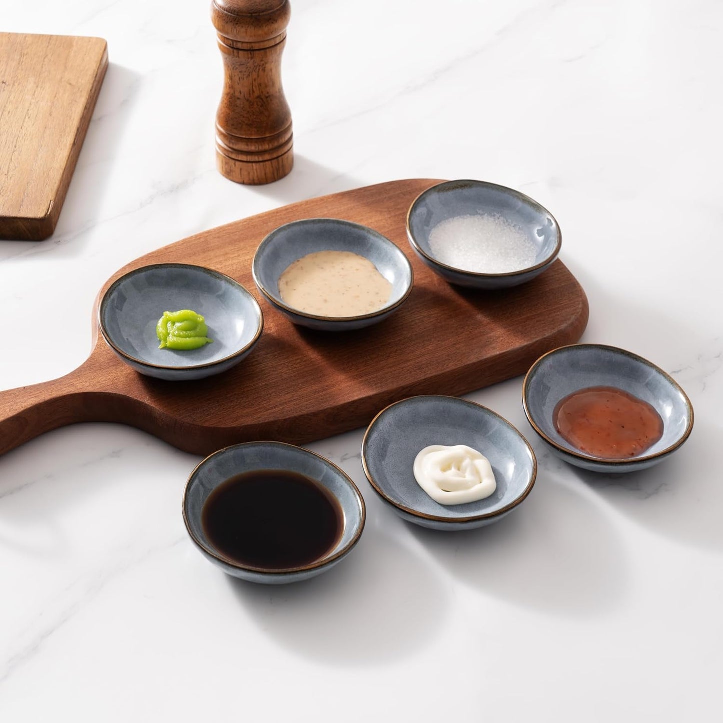 famiware Ocean Soy Sauce Dishes of 6, Oval Dipping Sauce Cups/Bowls/Dishes for Kitchen, 2.1oz Ceramic Small Bowls for Side Dish, Appetizers, Snacks, and Sushi, Reactive Glaze, Dishwasher Safe, Blue