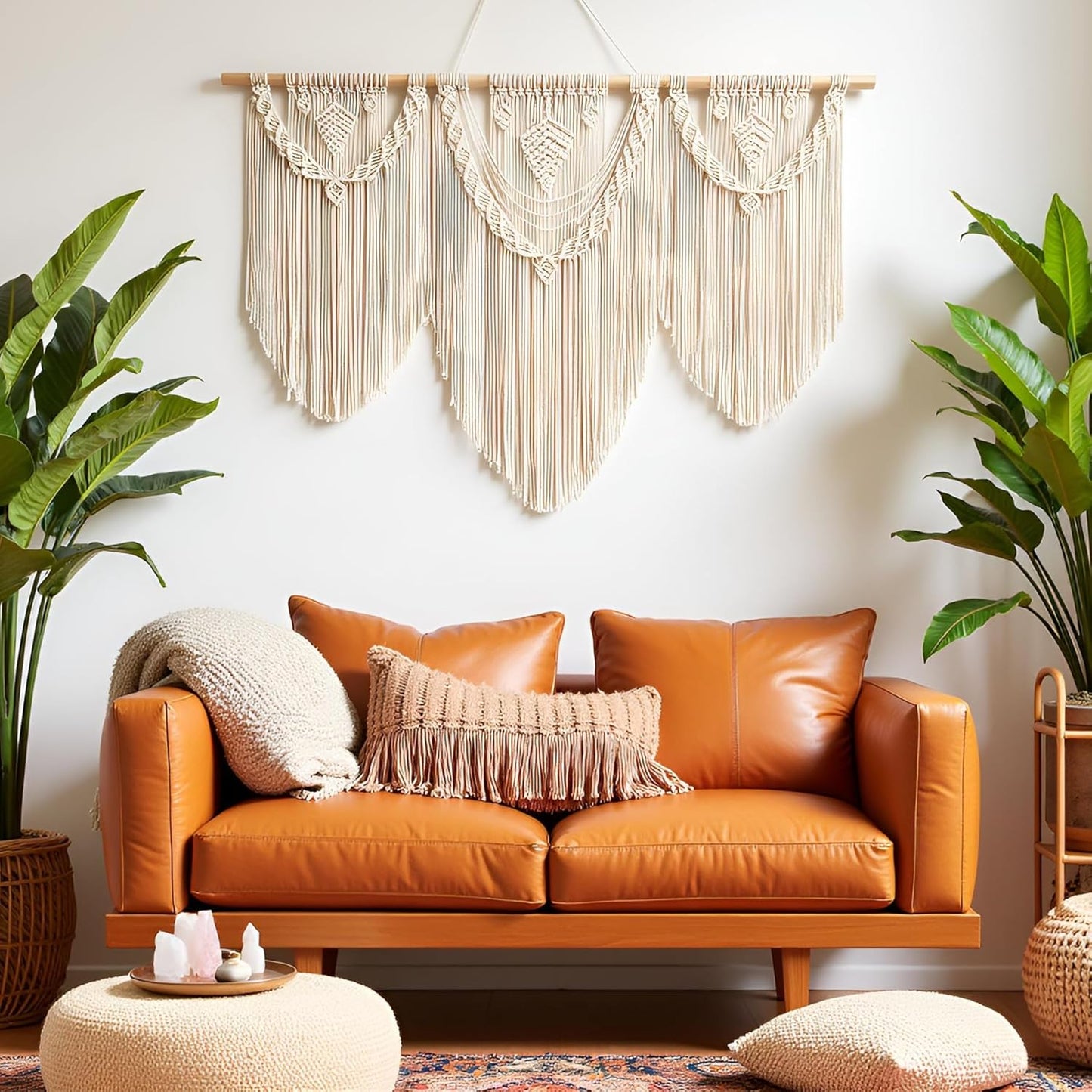 guzhiou large macrame wall hanging - Boho Tapestry Macrame Wall Decor Art- Chic Bohemian Handmade Woven Tapestry Home Decoration for Bedroom Living Room Apartment Wedding Party - 43"x32" (Beige-Leaf)