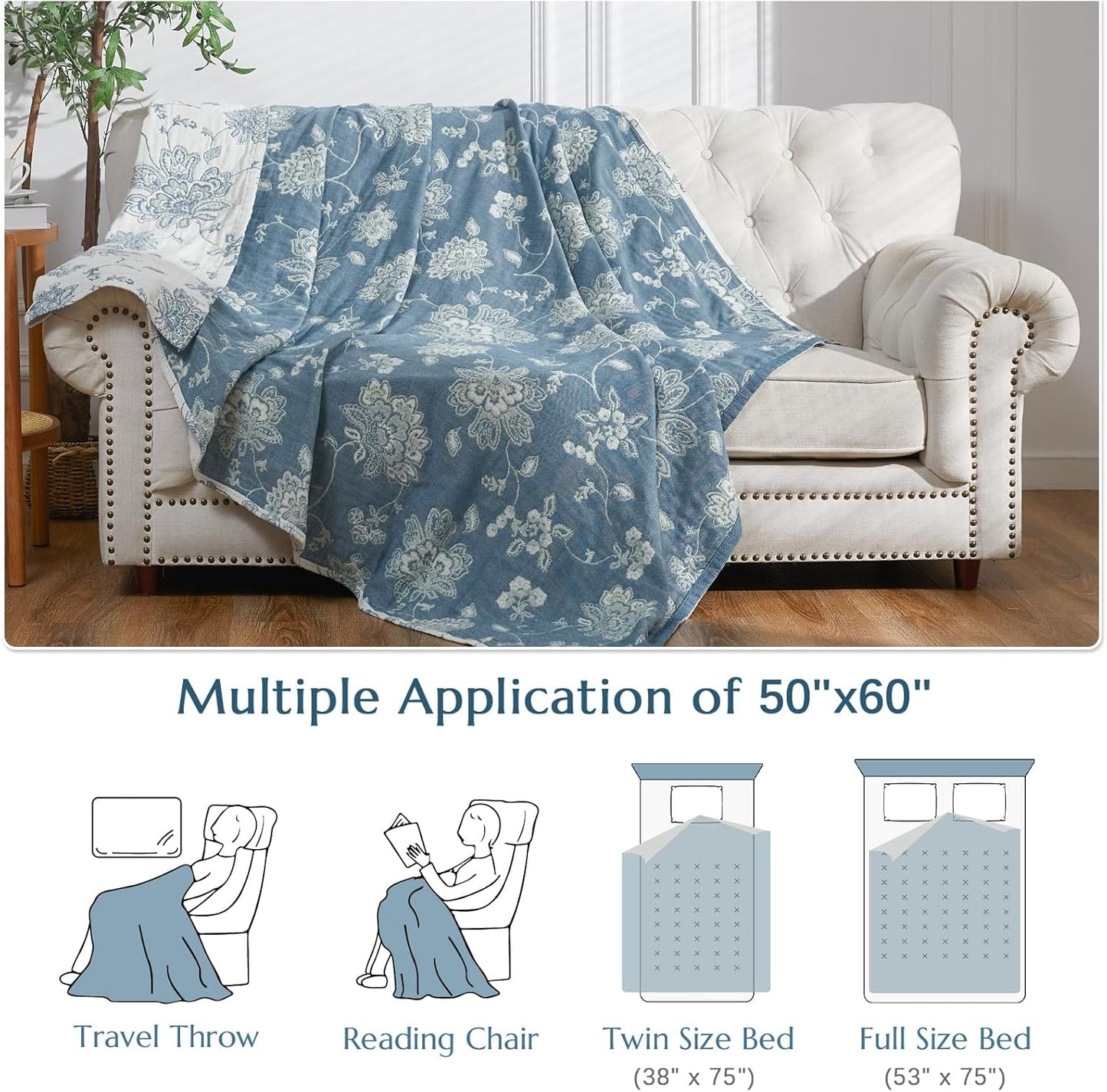 jinchan Boho 100% Cotton Muslin Twin Size 50x60 Inches Blanket Lightweight 4-Layer Quilted Soft Blue and White Floral Throw Blanket Green Accents Reversible Comfy Flower Breathable Summer Couch
