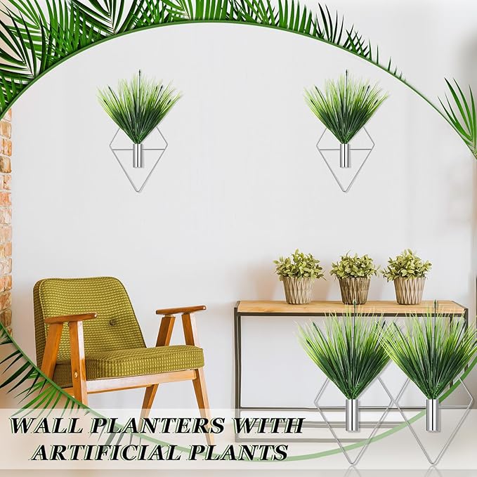 2 Pieces Wall Decor Hanging Planters with Artificial Plants Metal Hanging Vase Indoor Plants Holder Modern Boho Wall Art for Bathroom Bedroom Living Room Decor(Silver,Aquatic Plant)