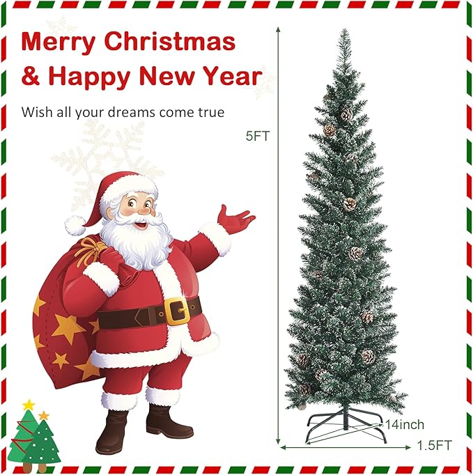 5 ft Pencil Christmas Tree, Slim Flocked Christmas Tree with 214 PVC Branch Tips, 25 Pine Cones & Foldable Metal Stand, Skinny Xmas Trees, Artificial Christmas Tree for Home, Office, Holiday