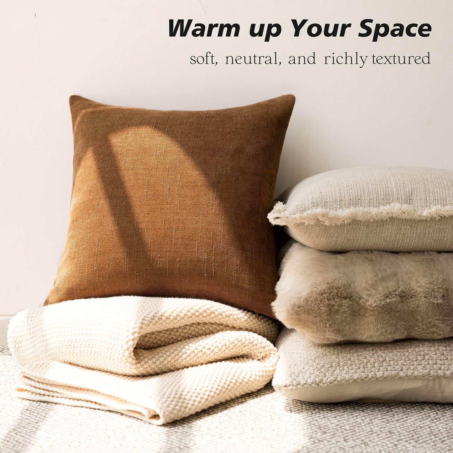 Foindtower Pack of 2 Soft Textured Chenille Throw Decorative Pillow Covers Square Accent Solid Cushion Cover Cozy Farmhouse Pillow Case with Zippe for Couch Sofa Bed Living Room 24x24 Inch, Bronze