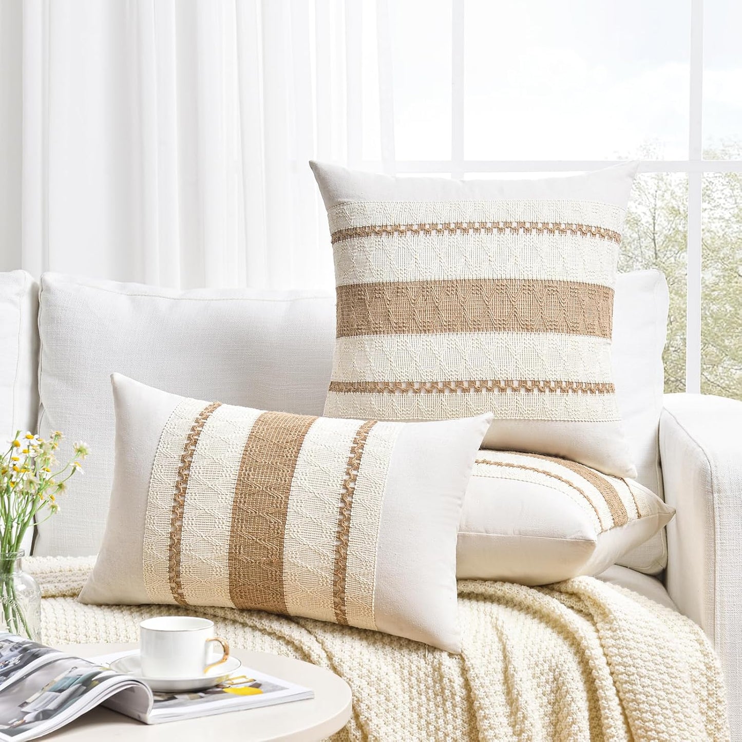 Fancy Homi Set of 1 Boho Neutral Lumbar Decorative Throw Pillow Cover 12x20 Inch for Couch Bed Sofa Chair, Modern Organic Farmhouse Home Decor, Soft Cotton Cute Accent Tan Rectangle Cushion Case