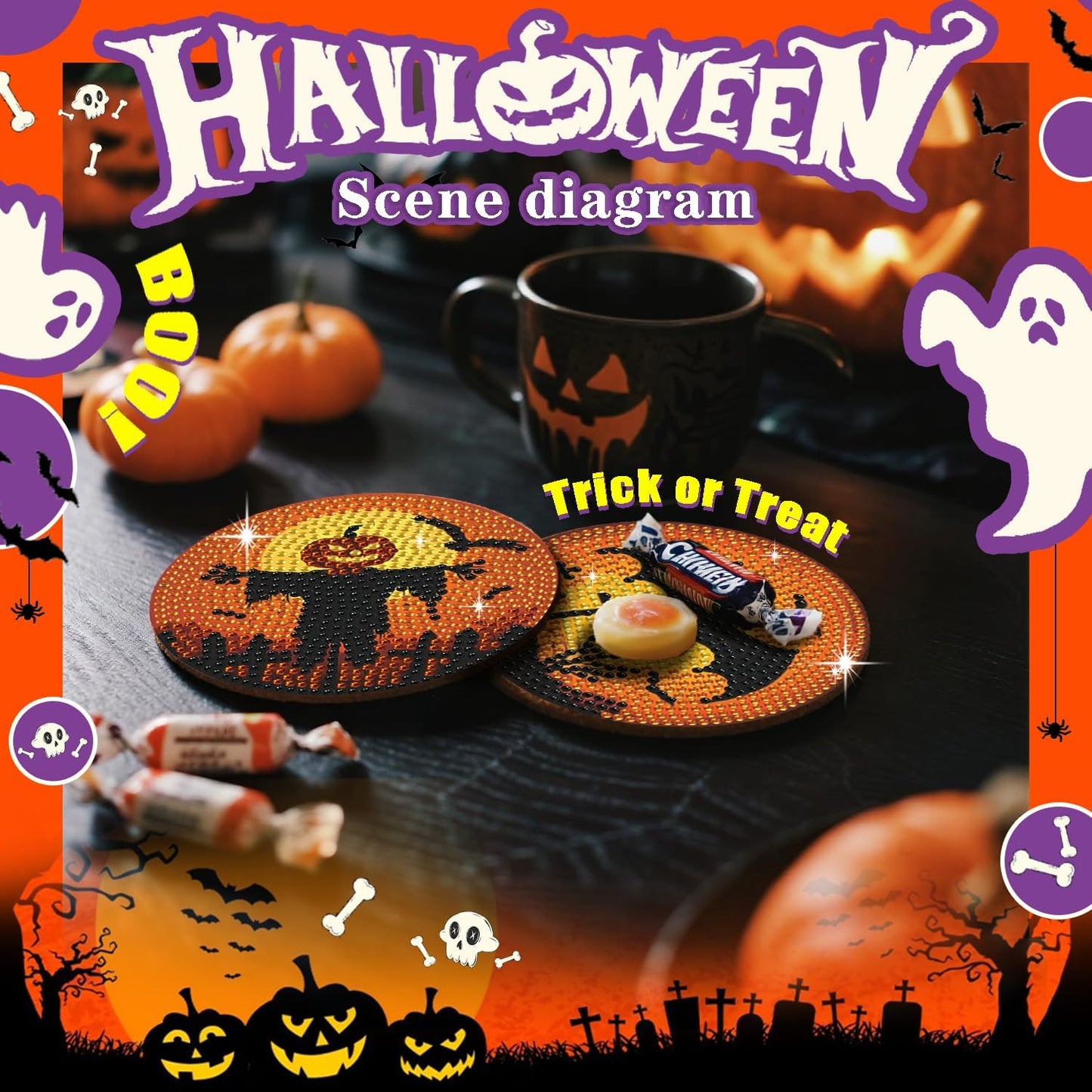 Leatrice 8PCS Halloween Diamond Art Coasters Set Small Diamond Painting Kits for Adults Beginners Women Round Full Drill Diamond Coasters with Holder Funny Arts Supplies for Party