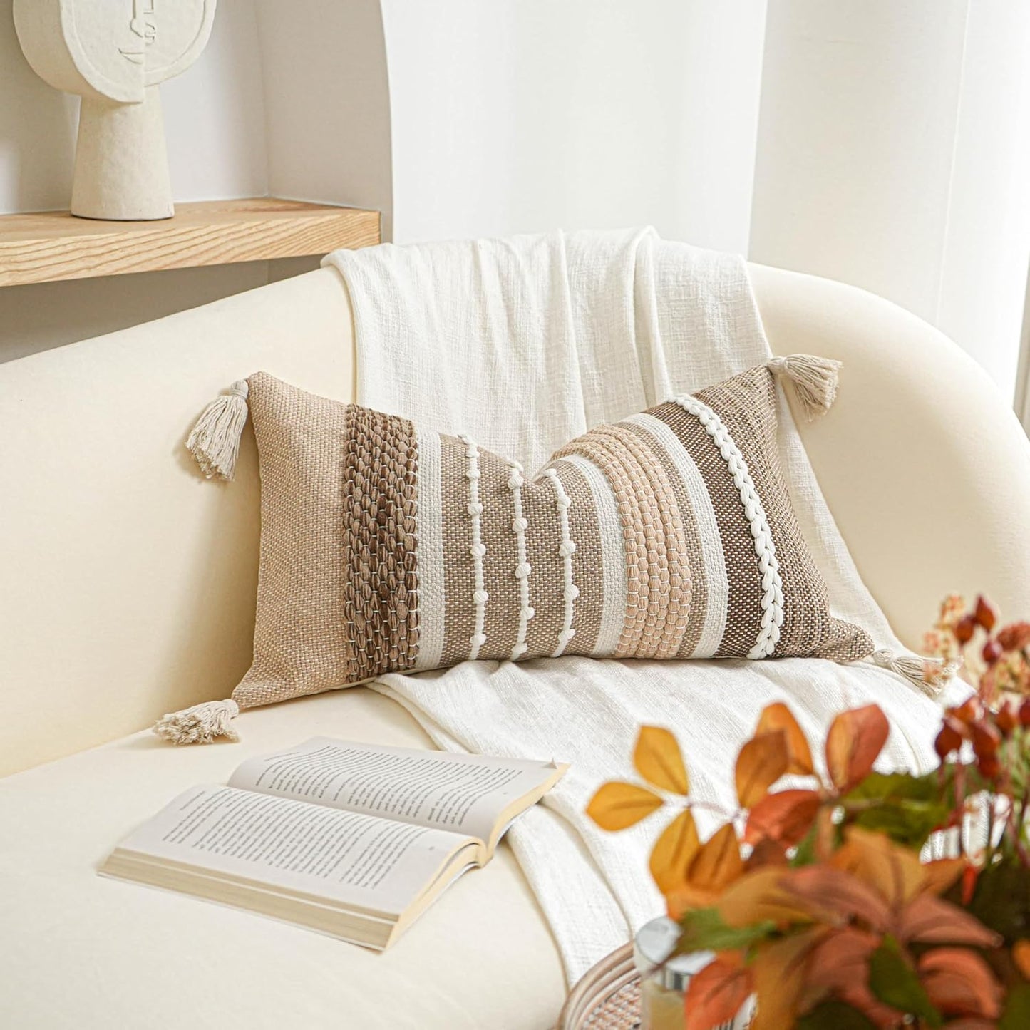 BlissBlush Decorative Lumbar Throw Pillow Cover 14x24 Boho Brown Accent Cushion for Couch Sofa Farmhouse Pillowcase for Bedroom Living Room Home Décor Cover ONLY