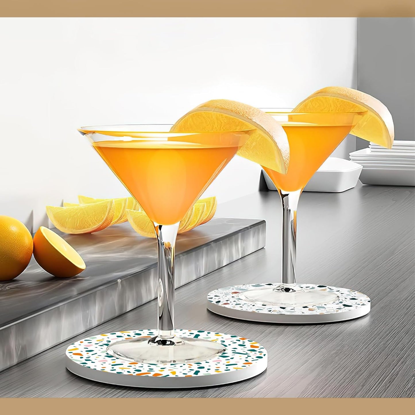 Drink Coasters with Holder,6 Pcs Terracotta Polka Dots Design, Water-Absorbent Beverage Pads for Dining Table Decor & Glass Protection