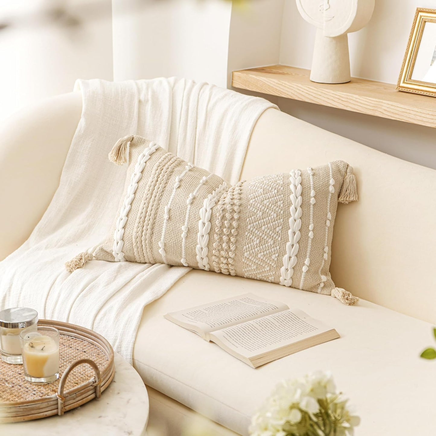 BlissBlush Decorative Lumbar Pillow Cover 14x24, Cream White Boho Accent Throw Pillow Case for Couch Sofa Bed, Modern Farmhouse Textured Lumbar Cushion Bedroom Living Room, Cover ONLY