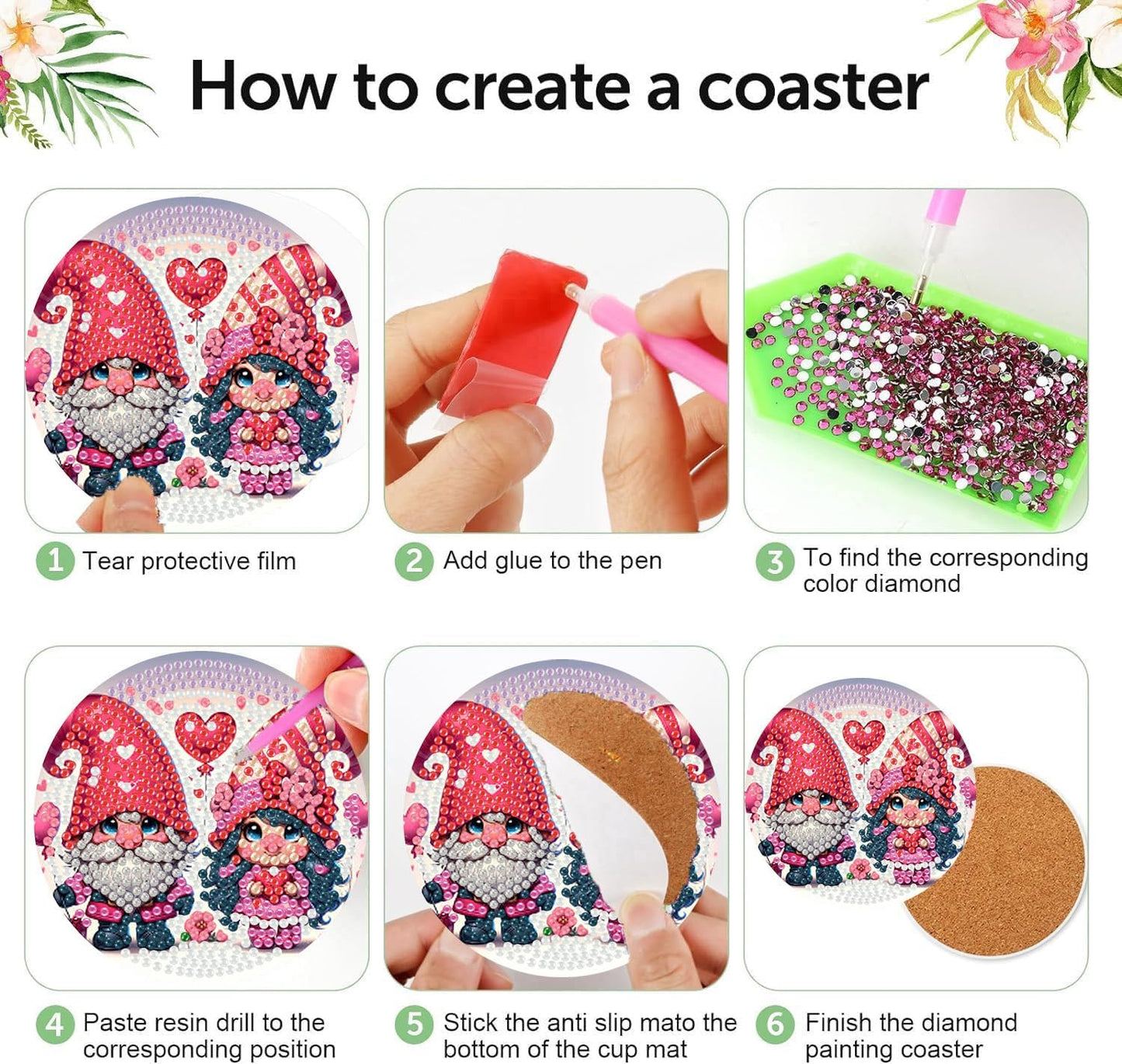 Meothan 8 Pcs Diamond Art Coasters Kits for Adults with Holder Cork Pads, Valentine's Day Gnomes Diamond Dots Art Painting Coasters Crafts Kit for Home Office Decor (4x4in)