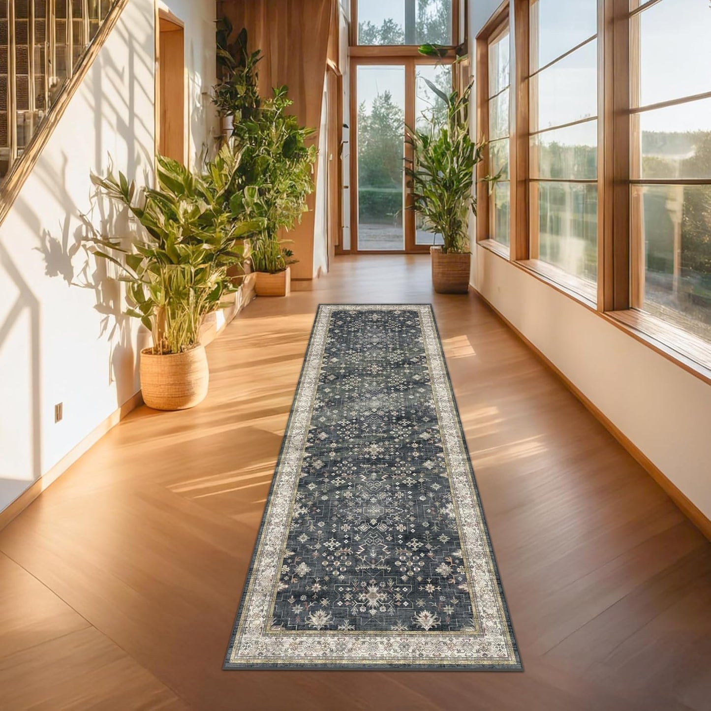 Dark Washable Long Runners for Hallways, 2'6"x8' Wide Kitchen Runner Rug, Entryway Indoor Rug, Non Slip Rubber Backing Boho Vintage Floor Decor, Ashen/Multi