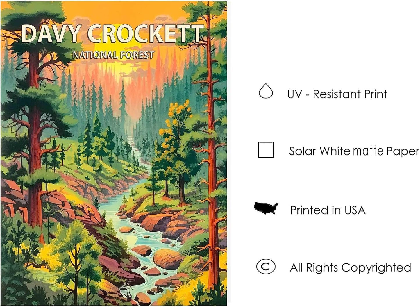 Davy Crockett National Forest Poster Art Print Retro Mountain Wall Art Poster Vintage Decor Nature Recreation Wilderness Wildlife Decoration, Outdoor Adventure Scenic Beauty Artwork. (Davy Crockett