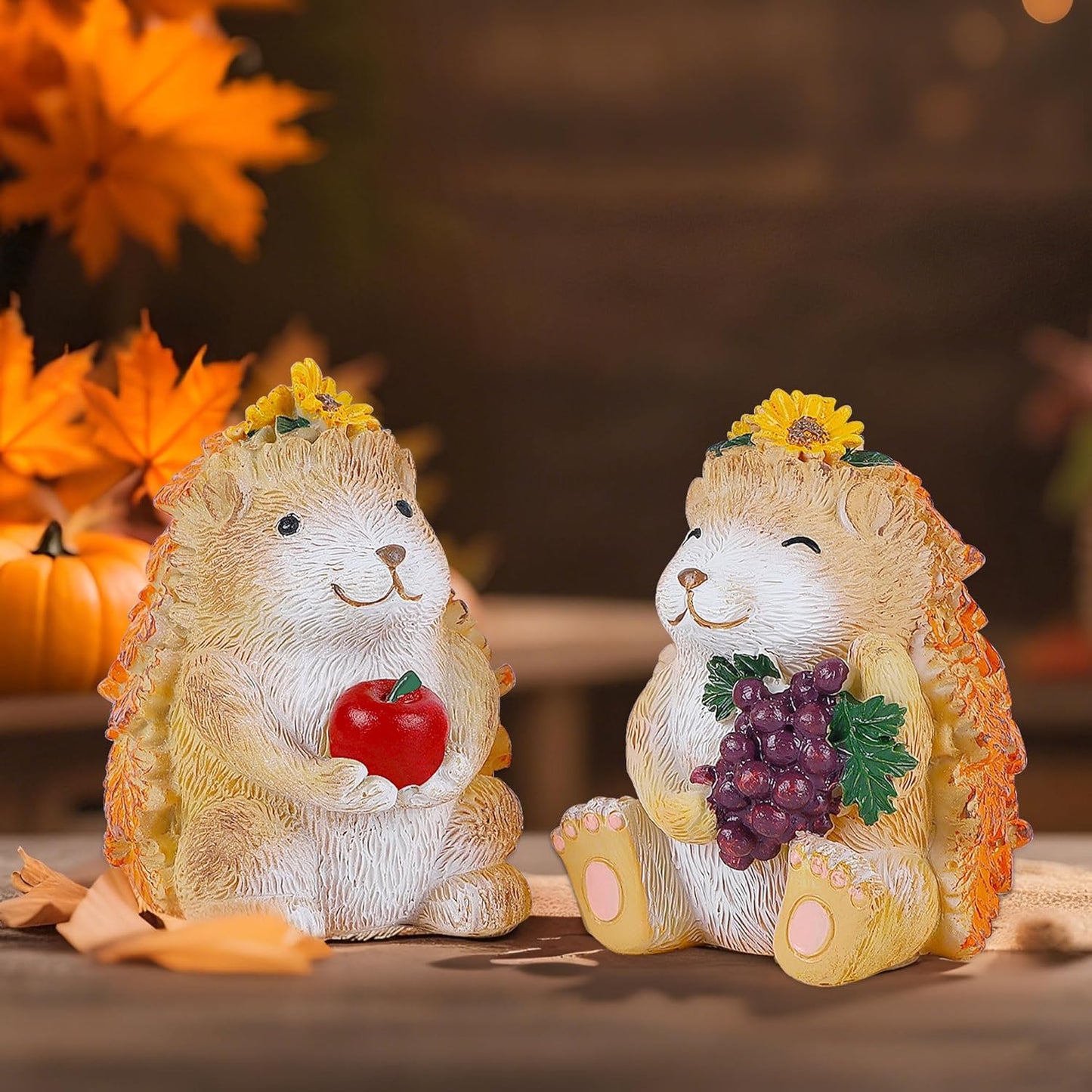 Lulu Home Fall Decorations for Home, 2 Packs Harvest Hedgehog Resin Sculpture with Maple Leaves & Fruits, Autumn Tabletop Ornaments Craft Decor for Thanksgiving and Fall Season
