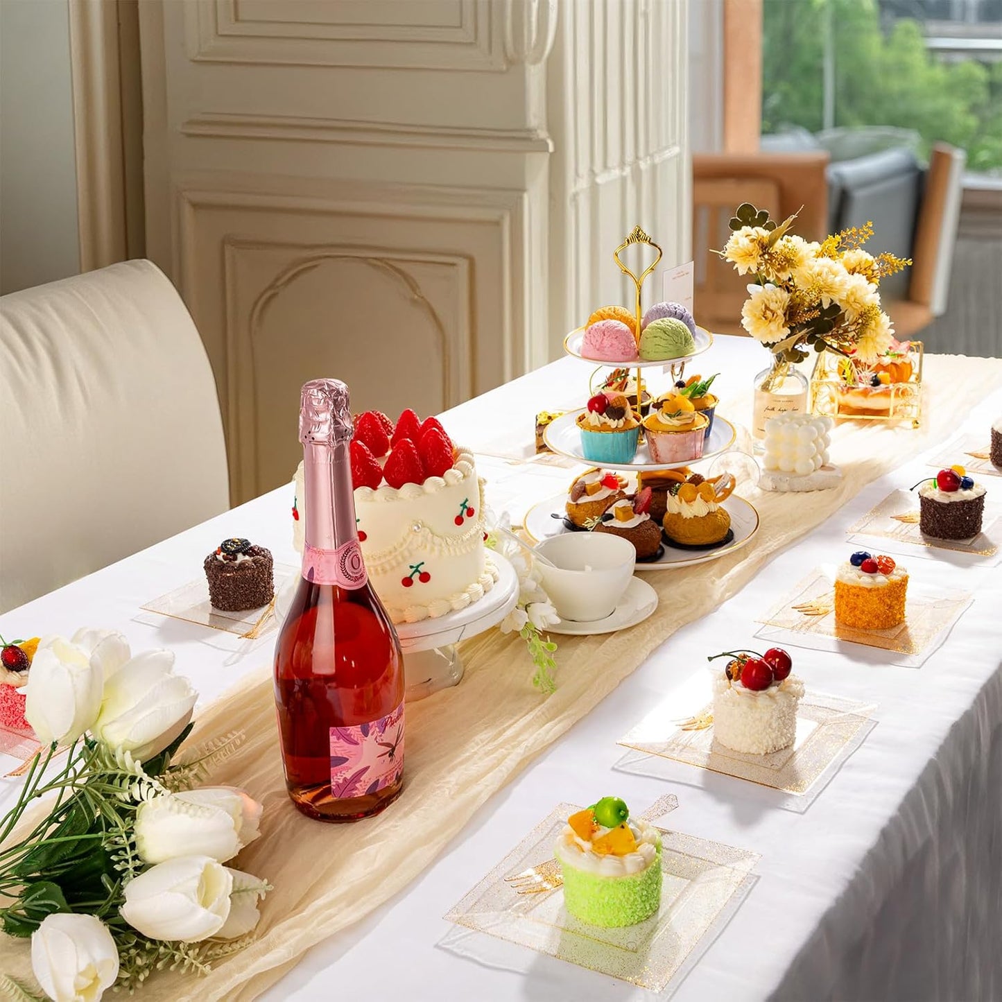 DaYammi 200Pcs Gold Dessert Plates Including 100Pcs Appetizer Plates 6",100Pcs Plastic Forks 5.7",Gold Glitter Plastic Square Plate for Party,Gold Salad Plate and Cake Forks for Wedding Birthday