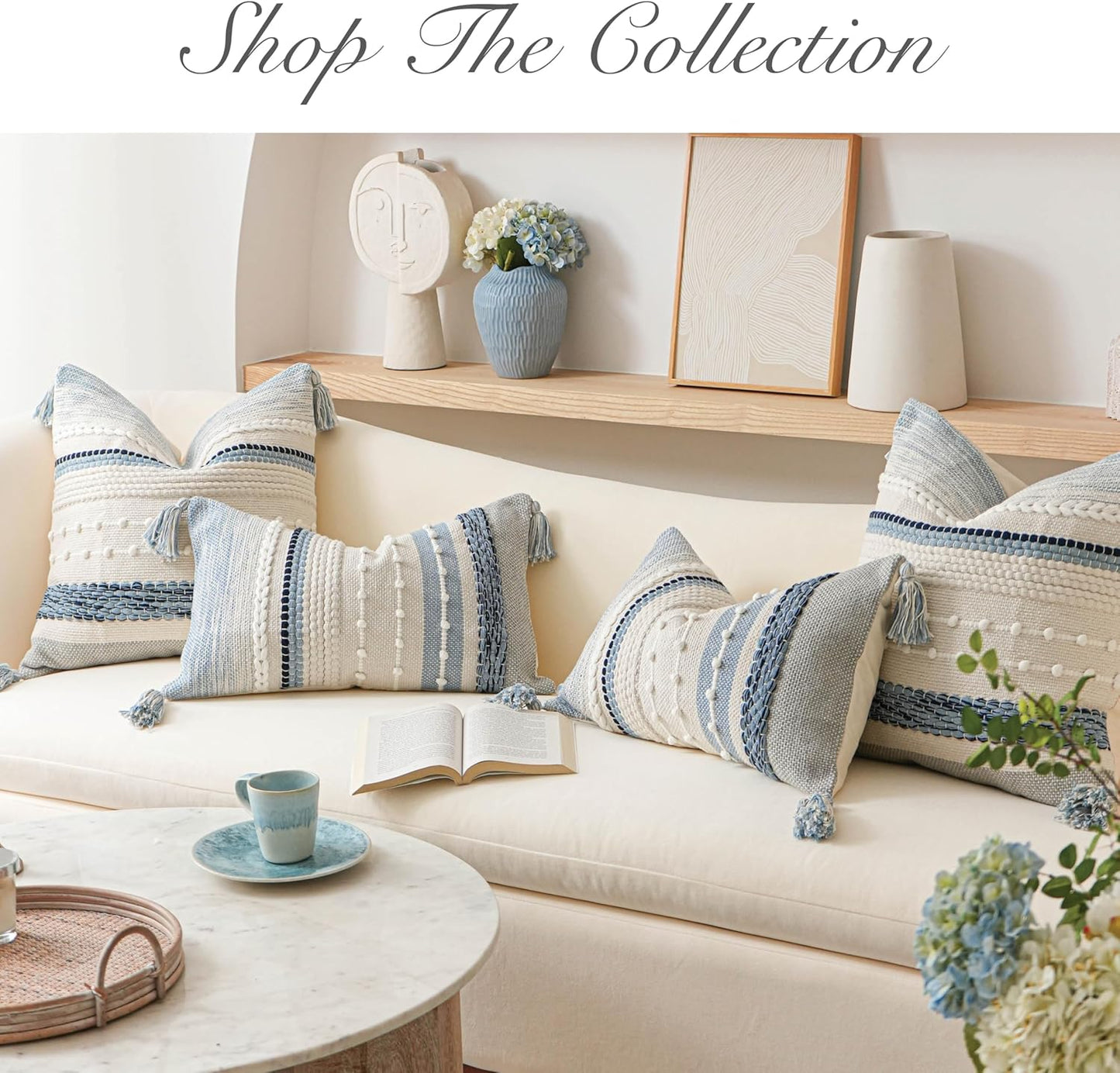 BlissBlush Decorative Lumbar Throw Pillow Cover 14x24 Boho Coastal Blue Accent Cushion for Couch Sofa Farmhouse Pillowcase for Bedroom Living Room Home Décor Cover ONLY