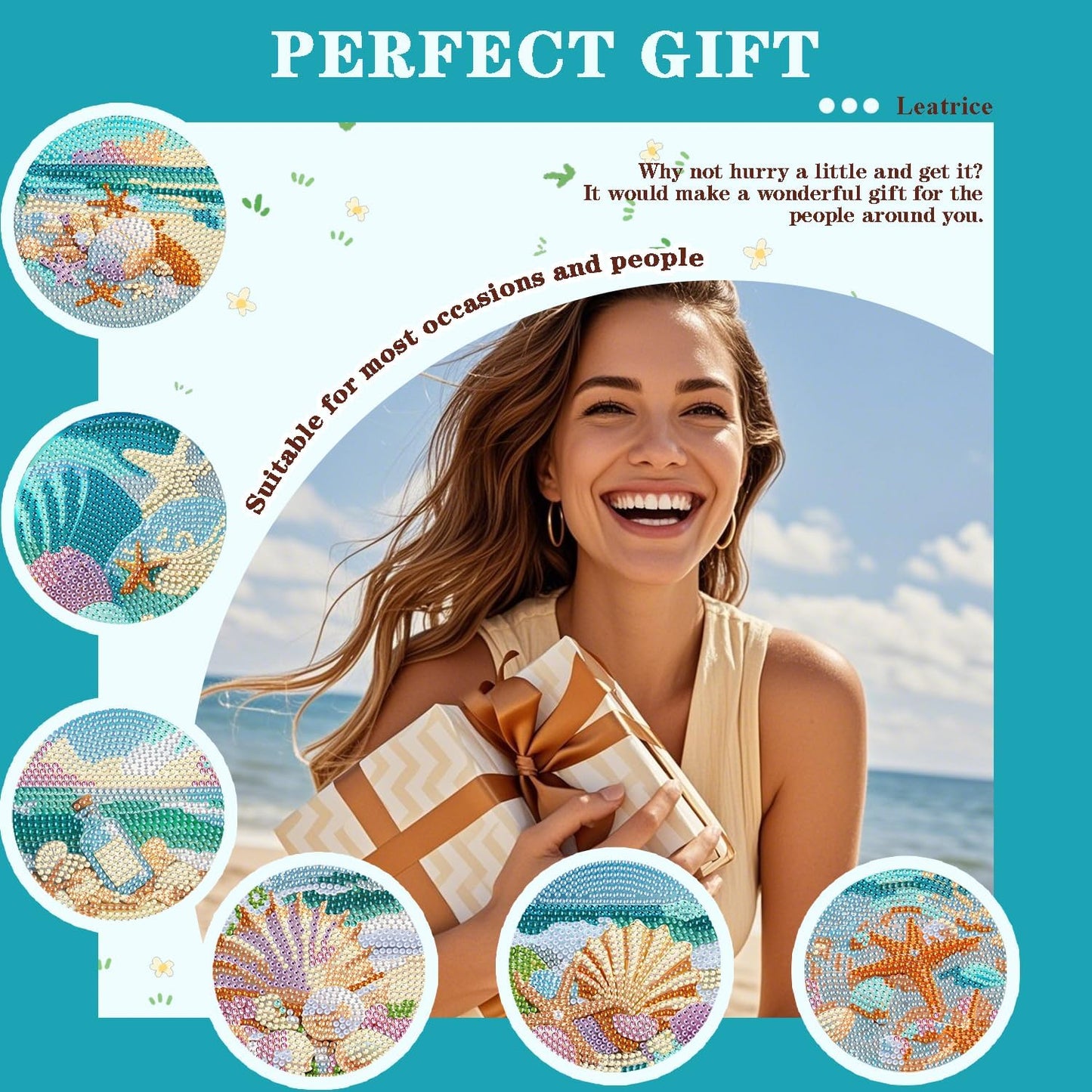 Leatrice Ocean Diamond Art Coasters Set of 6, Small Diamond Painting Kits for Adults Beginners Women, Gem Art Coasters with Holder, Funny Arts Supplies for Kitchen Decor