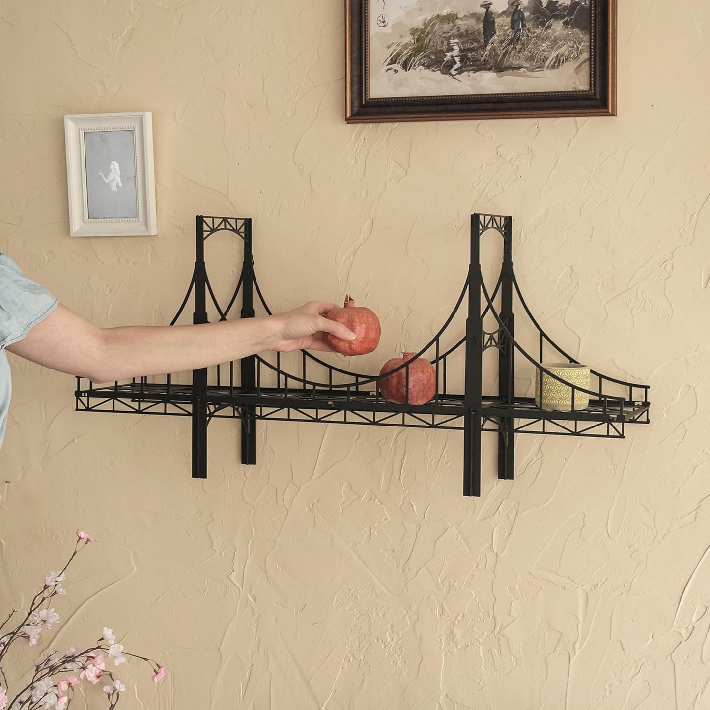 Metal Bridge Shelf – Iron Floating Shelf for Wall or Desk Use – Decorative Storage Rack for Books, Plants & Home Decor – Wall-Mounted or Tabletop Display (Warsaw Black)