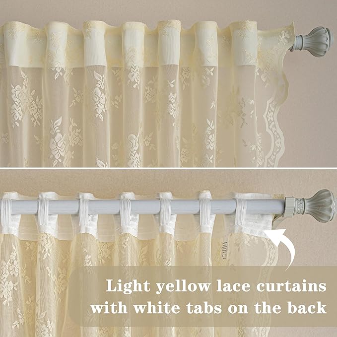 MEETSKY Lace Sheer Curtains 84 Inch Long 2 Panels Set Vintage French Victorian Spring Floral Pattern Design Light Filtering Back Tab Rod Pocket Drapes for Living Room, 50" W Each Panel, Light Yellow