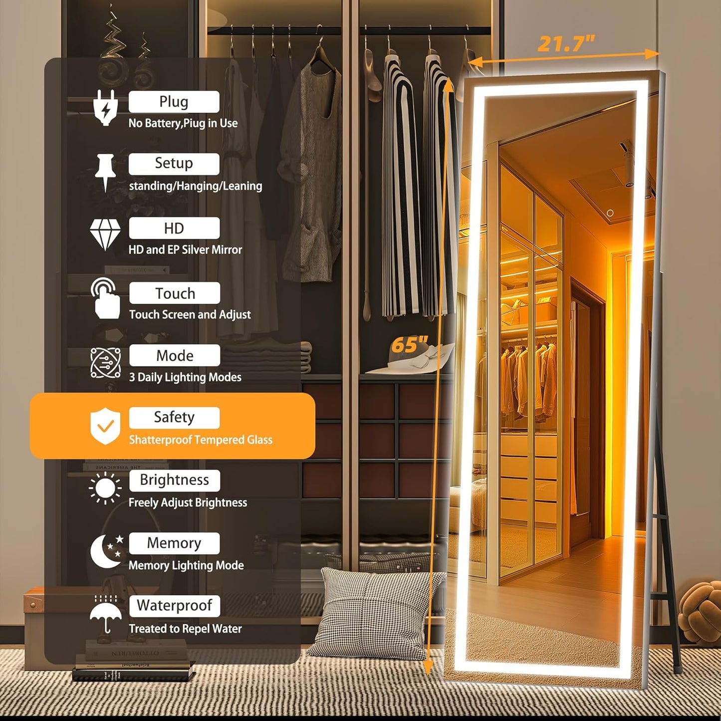 Hasipu Full Length Mirror with Lights, 65" x 21.7" LED Floor Mirror, Full Body Dressing Standing, Hanging Mounted Mirror for Living Room Bedroom Cloakroom, Square Black