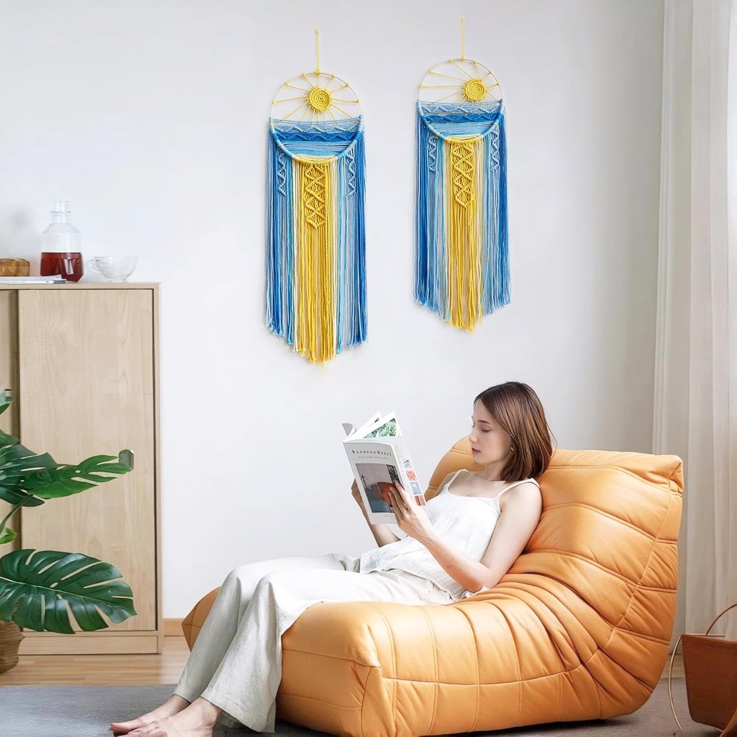 Mcrame Blue Sun Wall Decor Boho Hanging Tapestry Sunburst Wall Art, Rustic Woven Tapestries Big Dream Catcher Sunshine Decor for Bedroom Living Room Nursery (Blue Sunshine)