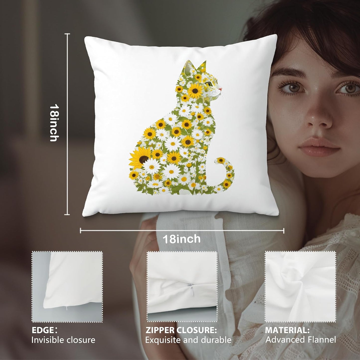 Daisy Floral Cat Pillow Covers 18x18, Gifts for Cat Lovers Mom Lady Owners, Elegant Kitten Kitty Decorative Pillow Covers for Home Bedroom Living Room Decor, Pet Lover Gifts