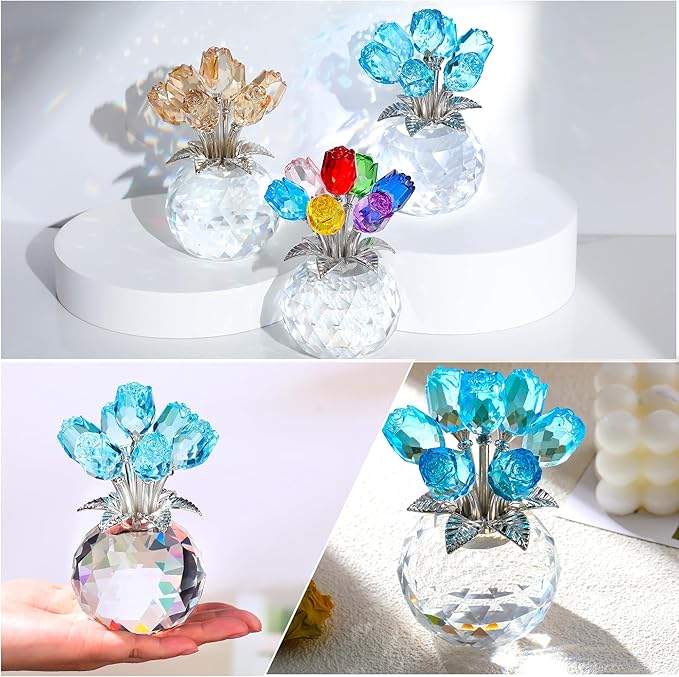 Crystal Light Blue Rose Flower Collectible Figurine, Rose Bouquet Floral Wedding Romantic Gifts for Wife, Mom, Women on Mother's Day, Valentine's, Anniversary, Christmas