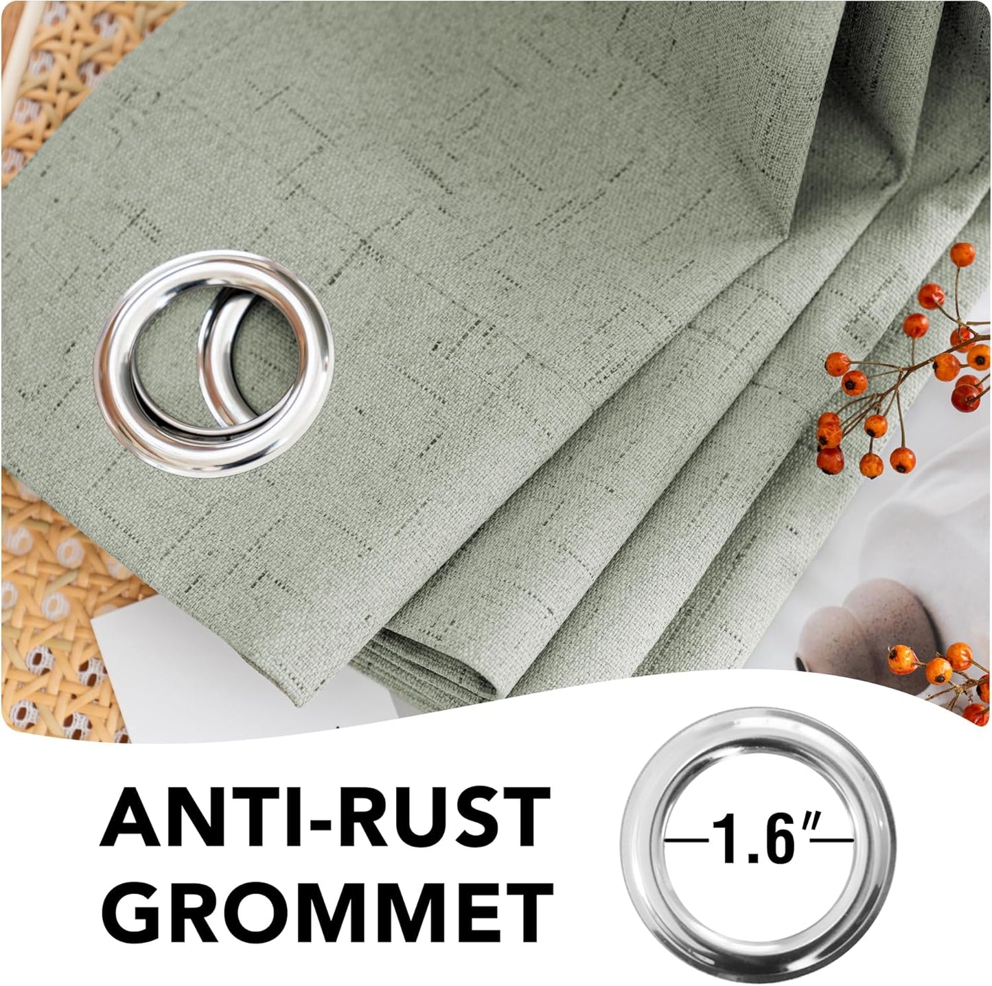 H.VERSAILTEX Linen Blackout Curtains 108 Inches Long 100% Absolutely Blackout Thermal Insulated Textured Linen Look Curtain Draperies Anti-Rust Grommet, Energy Saving with White Liner, 2 Panels, Sage