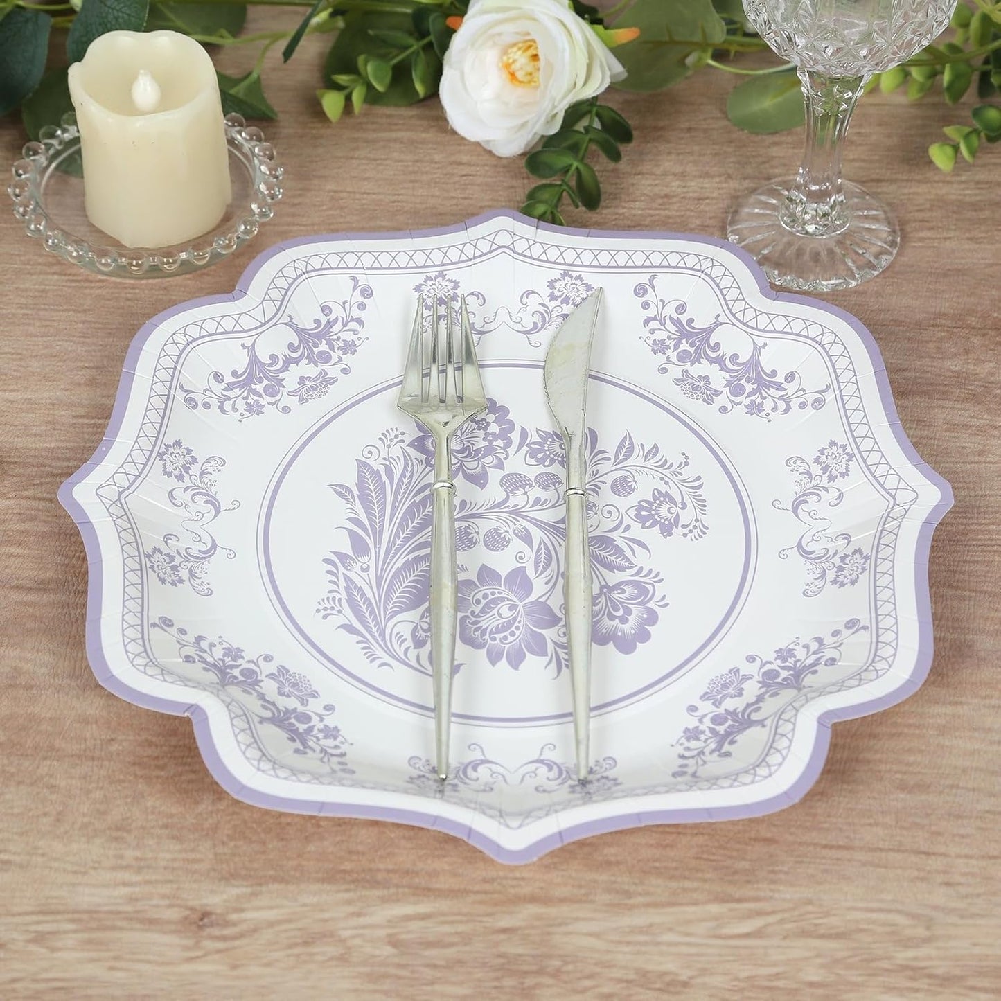 Efavormart 25 Pack White Lavender Lilac Paper Dessert Plates in Damask Floral Pattern, 8" Round Disposable Salad Appetizer Plates with Scalloped Rims - 300 GSM