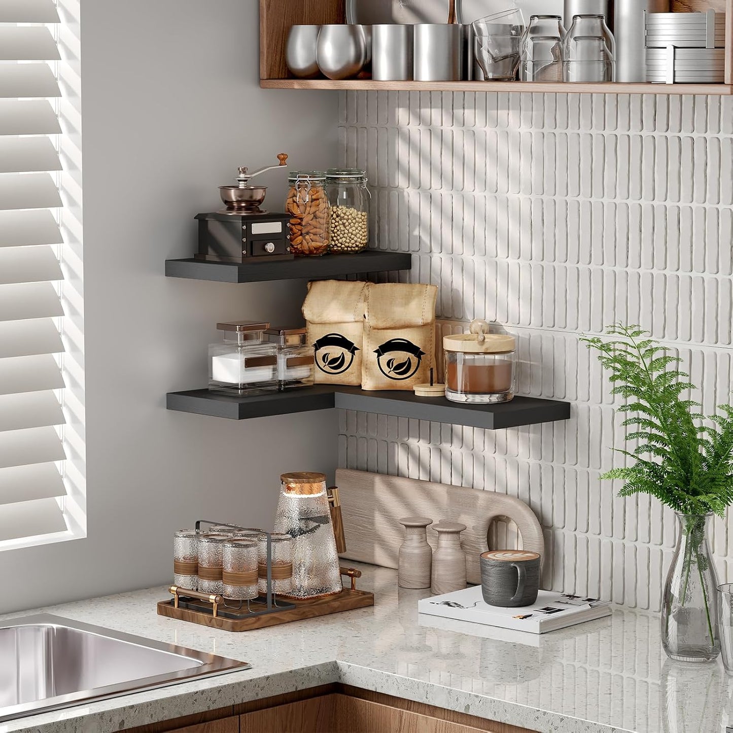 Floating Shelves for Wall, 1.5" Thick Wall Shelf Set of 3 with Invisible Brackets, 15.7L x 7.9W Hanging Book Shelves Farmhouse Home Decor for Bathroom, Living Room, Bedroom, Black 4301BJP3BK