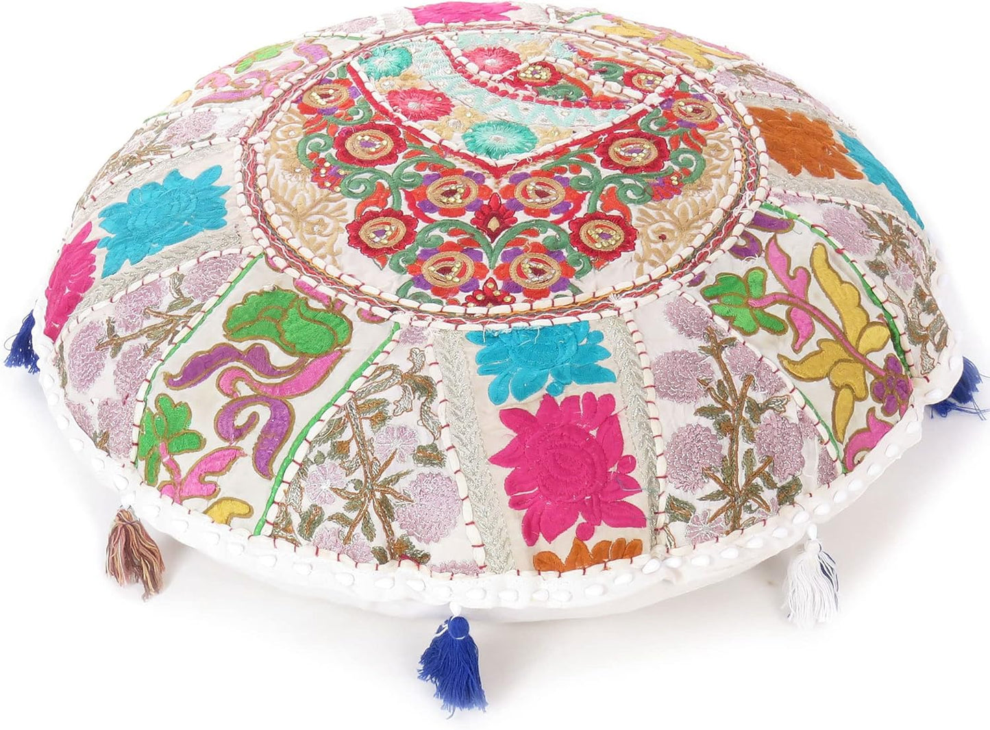 Eyes of India Round Floor Seating Meditation Patchwork Pillow Cushion Cover Colourful Decorative Throw Indian Bohemian Accent Boho Chic Handmade Cover Only (White, 17" x 17")